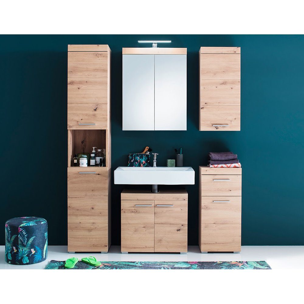 trendteam Badmöbel-Set, (5-St), Badmöbel-Set Unterschrank Spiegelschrank Hängeschrank Hochschrank