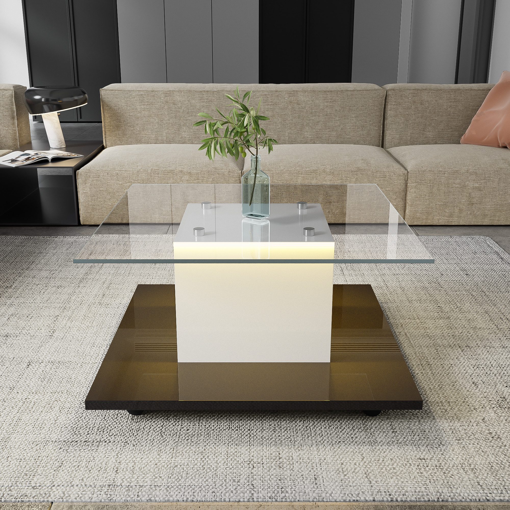 MODFU Couchtisch 80x80x40 cm mit Glasplatte (beweglicher Satztisch Kaffeetisch, 1-St., LED-Lichtstreifen einstellbar, Lenkrollen mit Bremse), Beweglicher Satztisch für flexible Nutzung