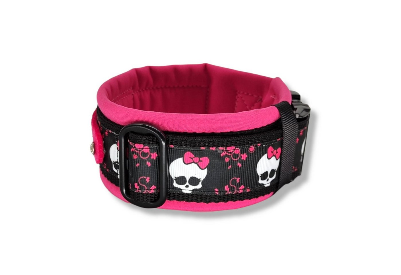 Thumbnail - D by E Couture Hunde-Halsband "Pink Bow Skull II", gepolstert, verstellbar, 50mm breit, Handmade
