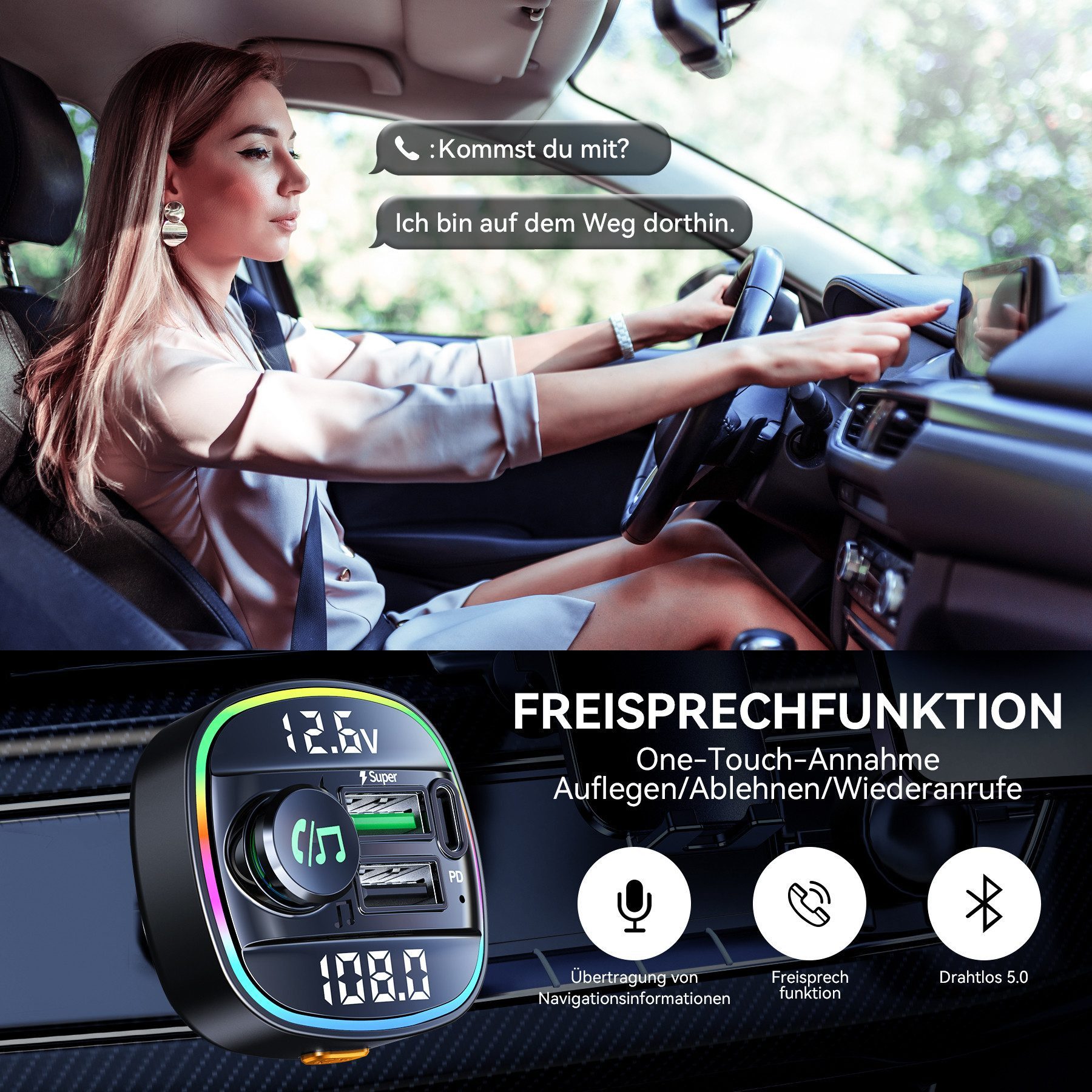 Senmudi Bluetooth 5.0 FM Transmitter für Auto Ladegerät USB KFZ-Transmitter Auto-Adapter, Kompatibel mit iPad/iPhone/MP3/4/PSP/Camera, aufladbar