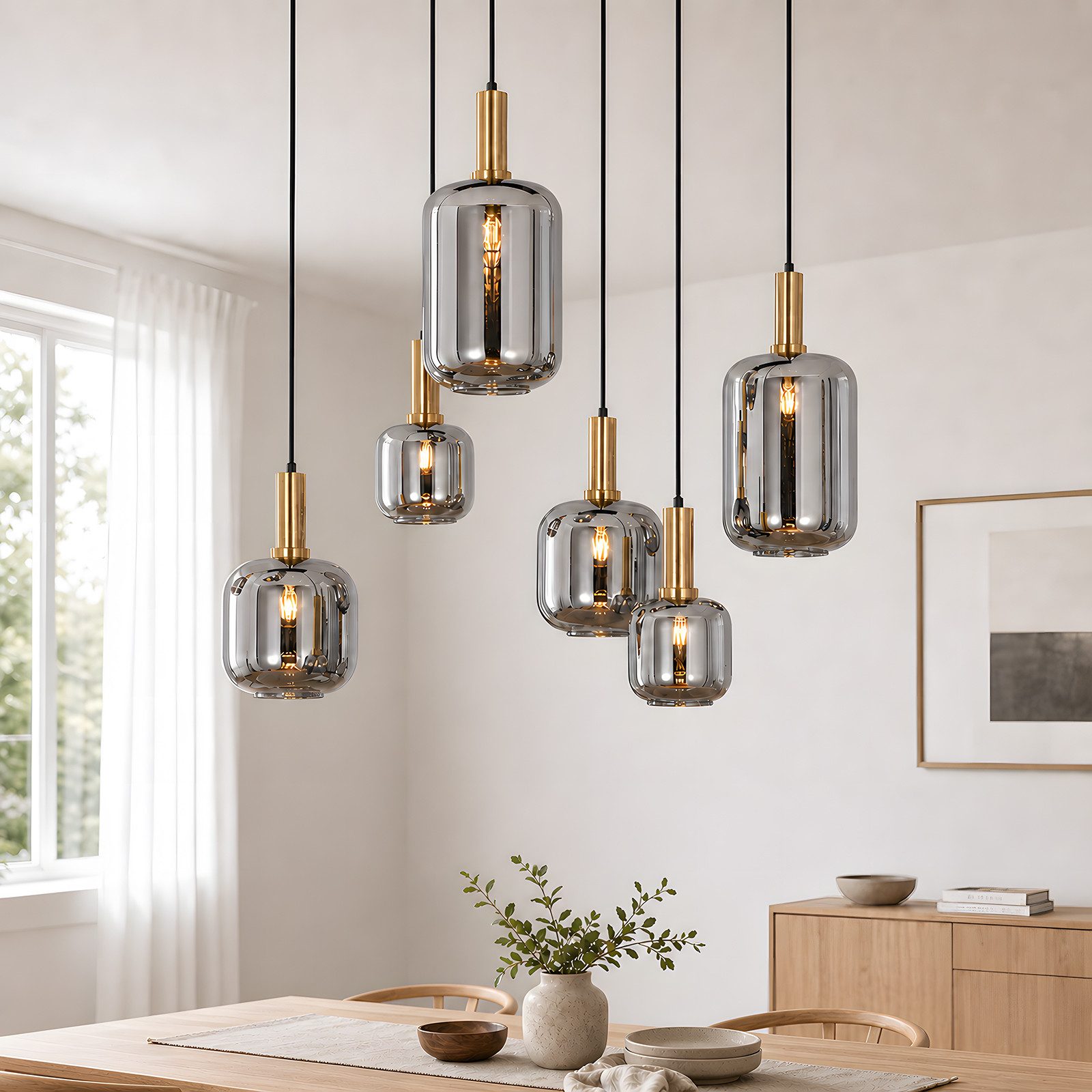 Nettlife Pendelleuchte Glaskugel, Hängeleuchte Esstisch 6/8flammig, E27 Vintage Grau, ohne Leuchtmittel, Esszimmerlampe Wohnzimmerlampe Küchenlampe Glas-Hängelampe