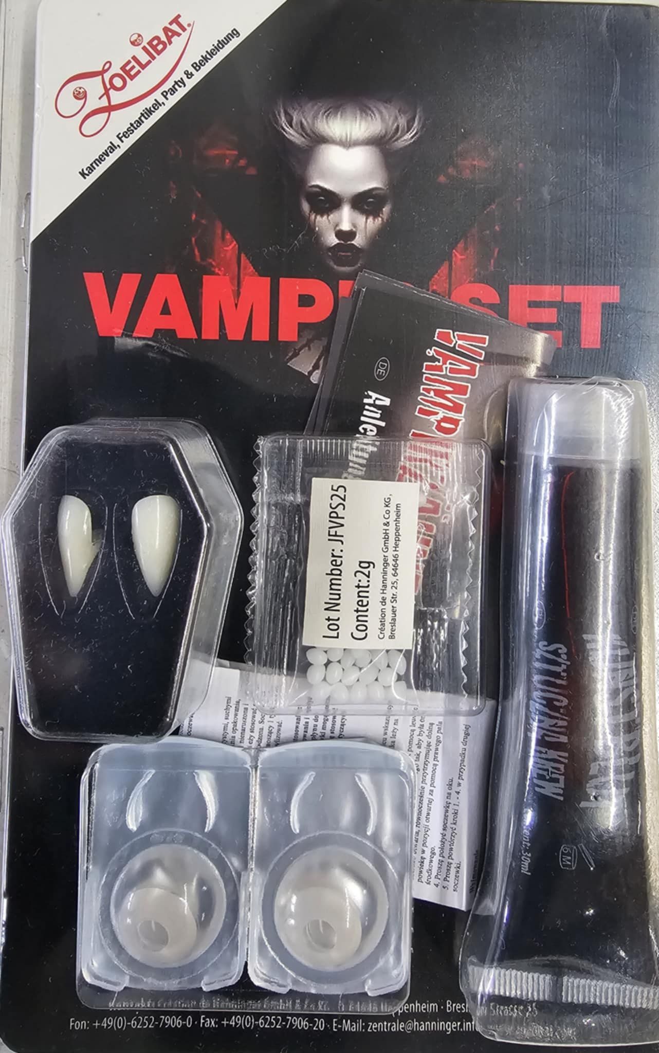 Zoelibat Vampir-Kostüm Vampir Set mit Kontaktlinsen Vampirzähne Kunstblut Halloween Karneval, 3-Tlg Vampir Set