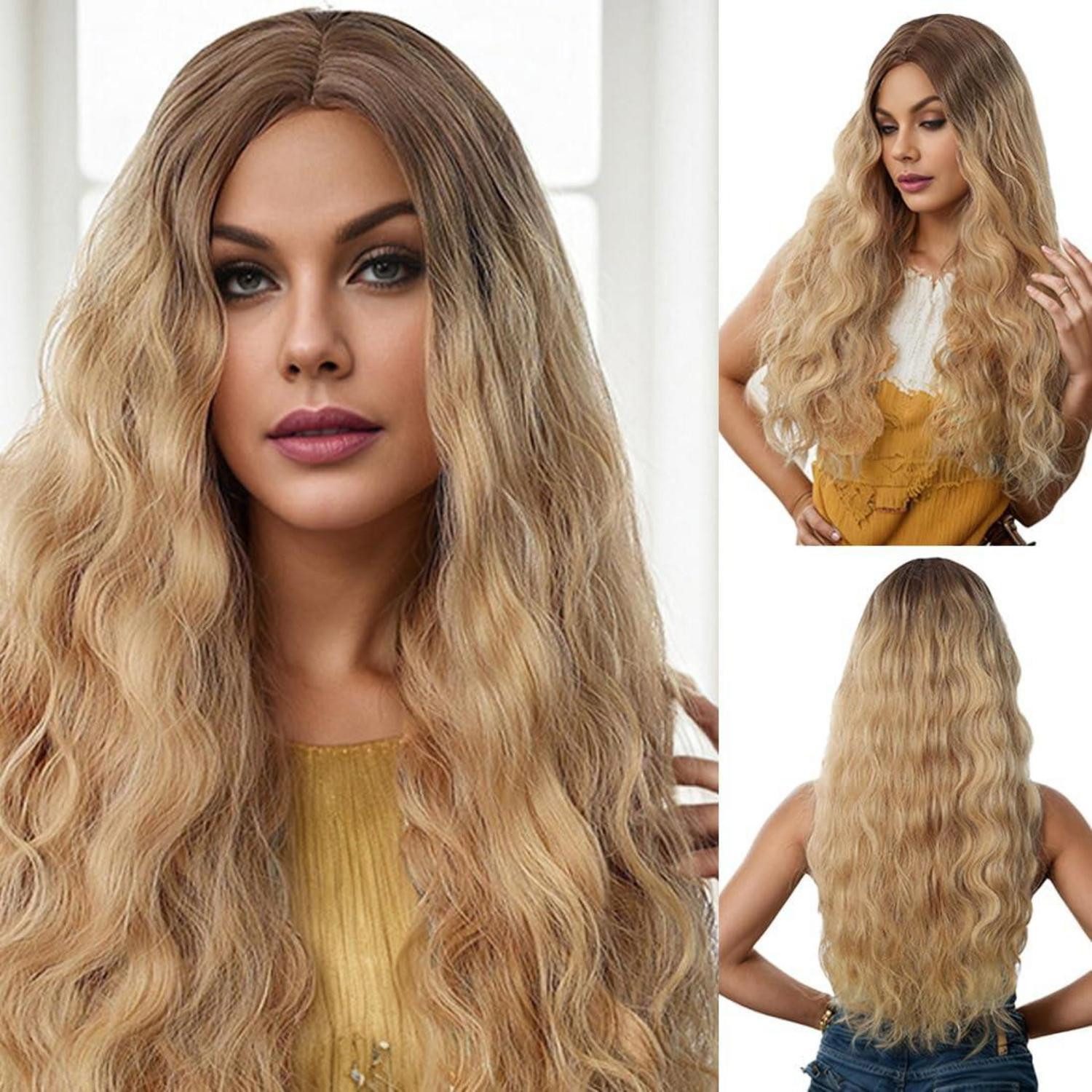 LuxusKollektion Kunsthaarperücke Perücke Lang Ombre Blond 26 Zoll Mittelscheitel Synthetisch Gold2