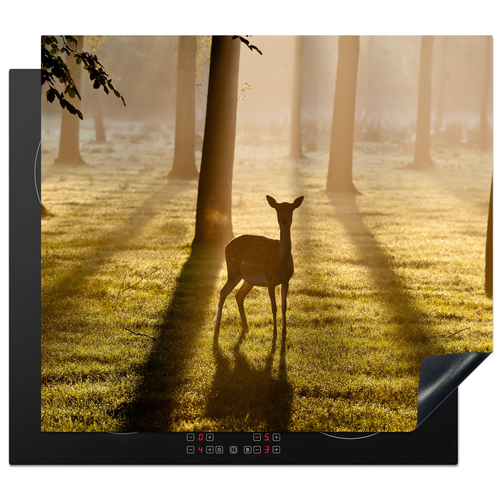 MuchoWow Herdblende-/Abdeckplatte Hirsche - Sonne - Bäume, Vinyl, (1 tlg), 59x52 cm, Ceranfeldabdeckung für die küche, Induktionsmatte | Herdabdeckplatten