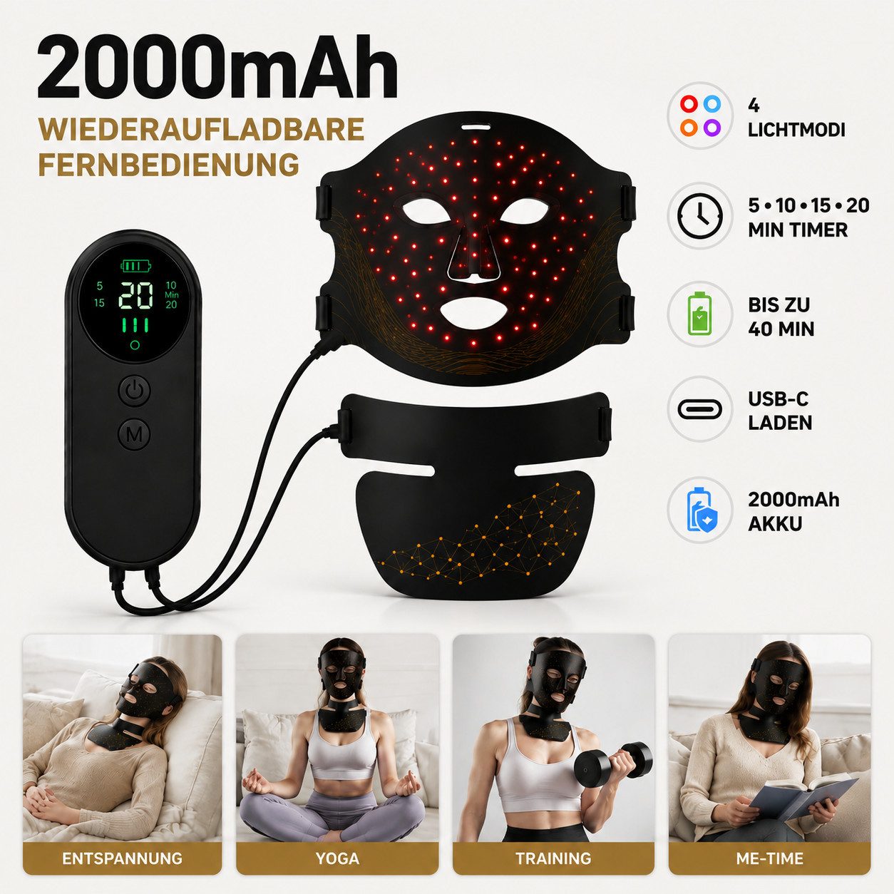 Fyrove Gesichtsmasken-Set LED Gesichtsmaske mit Halsmaske, Rotlichtmaske und Lichtmaske für Gesicht & Hals, Lichtmodi, 312 LED-Chips, Timer, 2000-mAh-Controller