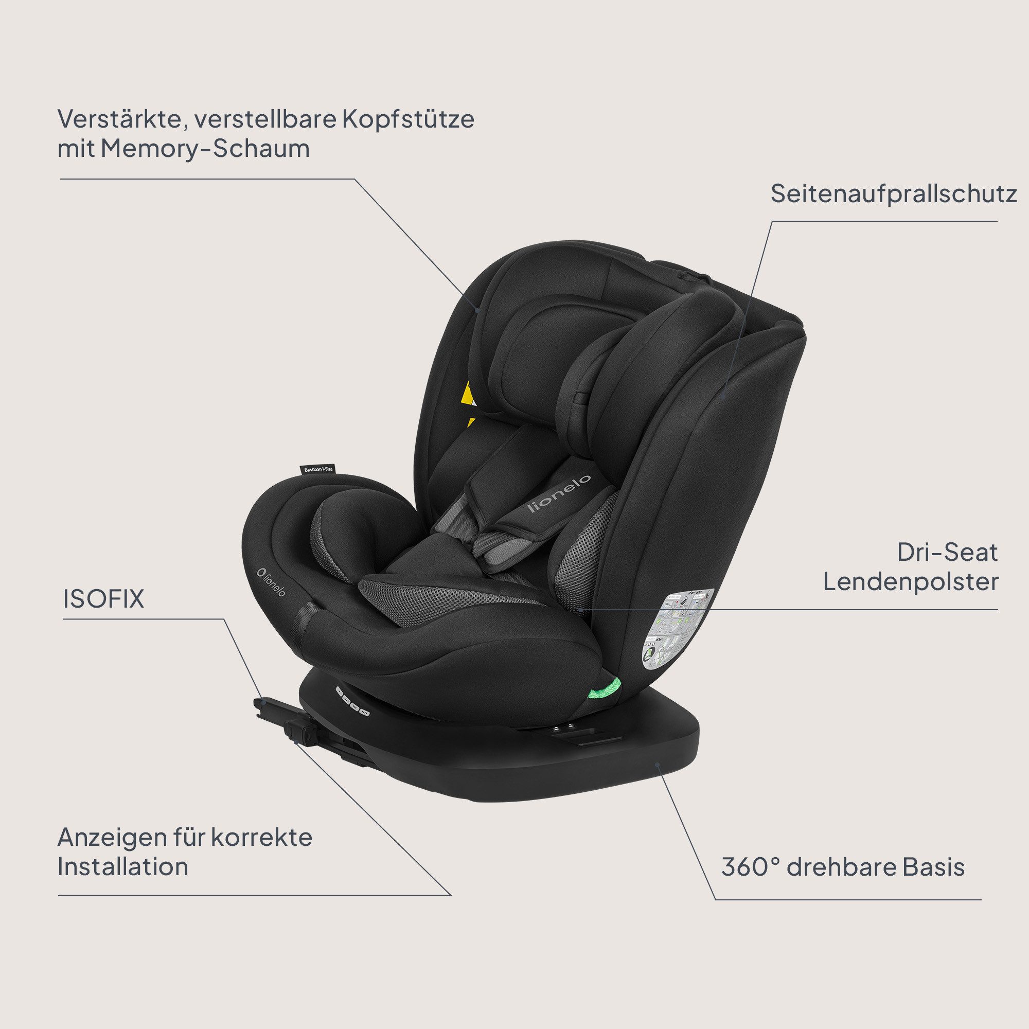 lionelo Autokindersitz BASTIAAN I-SIZE, ab: ab Geburt, bis: bis 12 Jahre, ab: 40,00 cm, bis: 150,00 cm, (Set), i-Size / 0-36 kg / Isofix + Top Tether