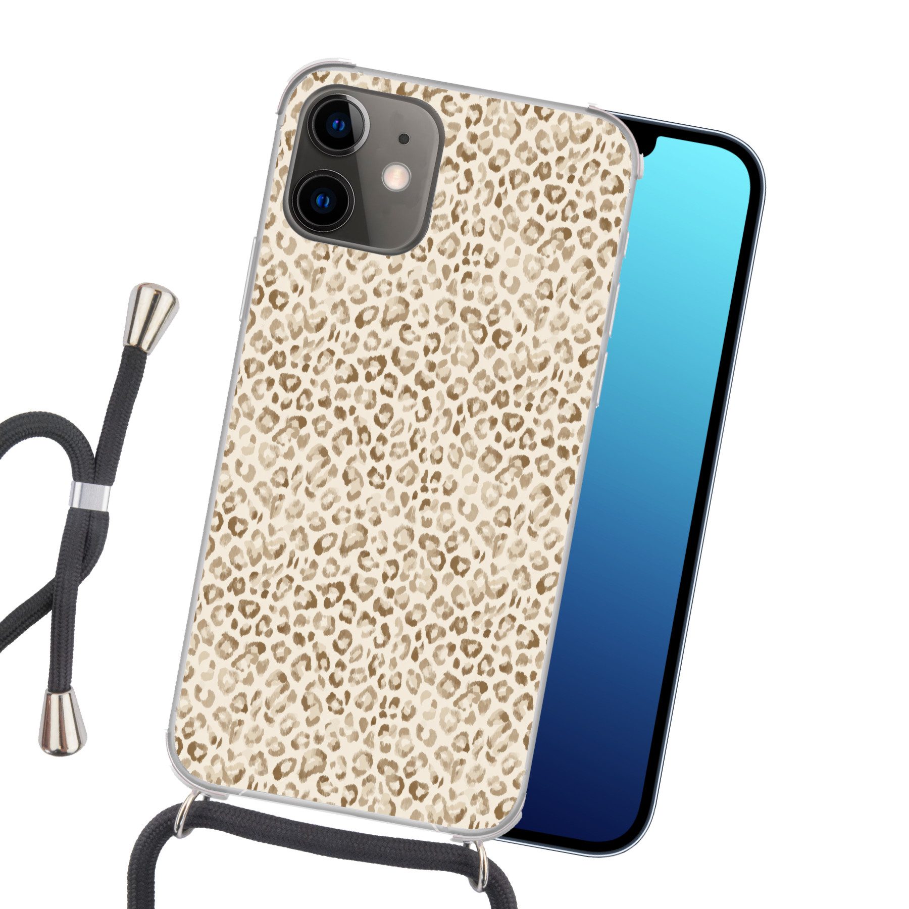 MuchoWow Handyhülle für Apple iPhone 12 Leopard - Klassisch - Beige, Tragbare Handyhüllen mit Kette zum umhängen, Handykette Handyband