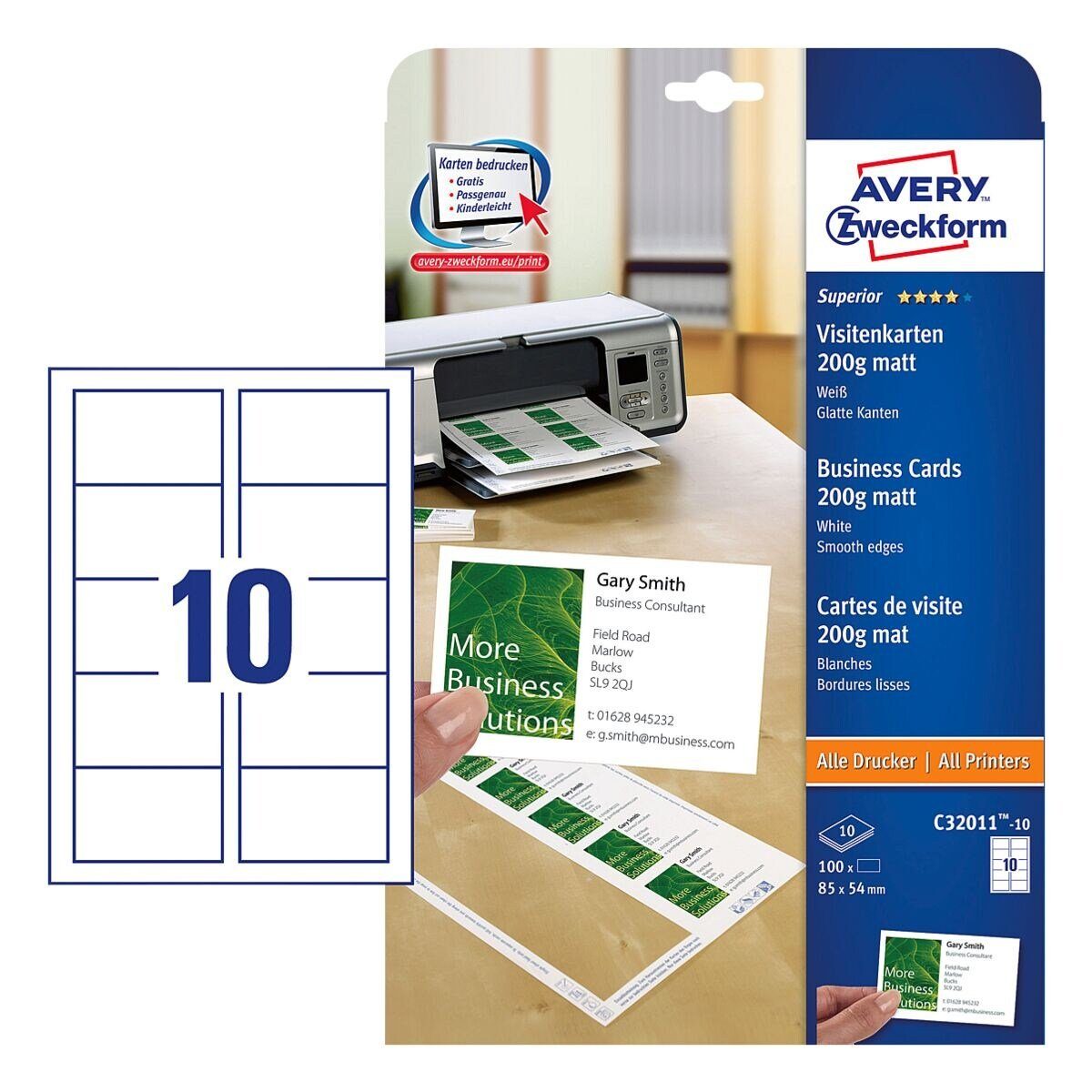 Avery Zweckform Visitenkarten C32011-10, weiß-matt, ohne Perforation, 200 g/m²