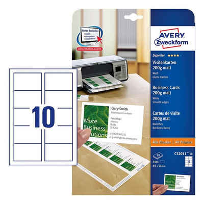 Avery Zweckform Visitenkarten C32011-10, weiß-matt, ohne Perforation, 200 g/m²