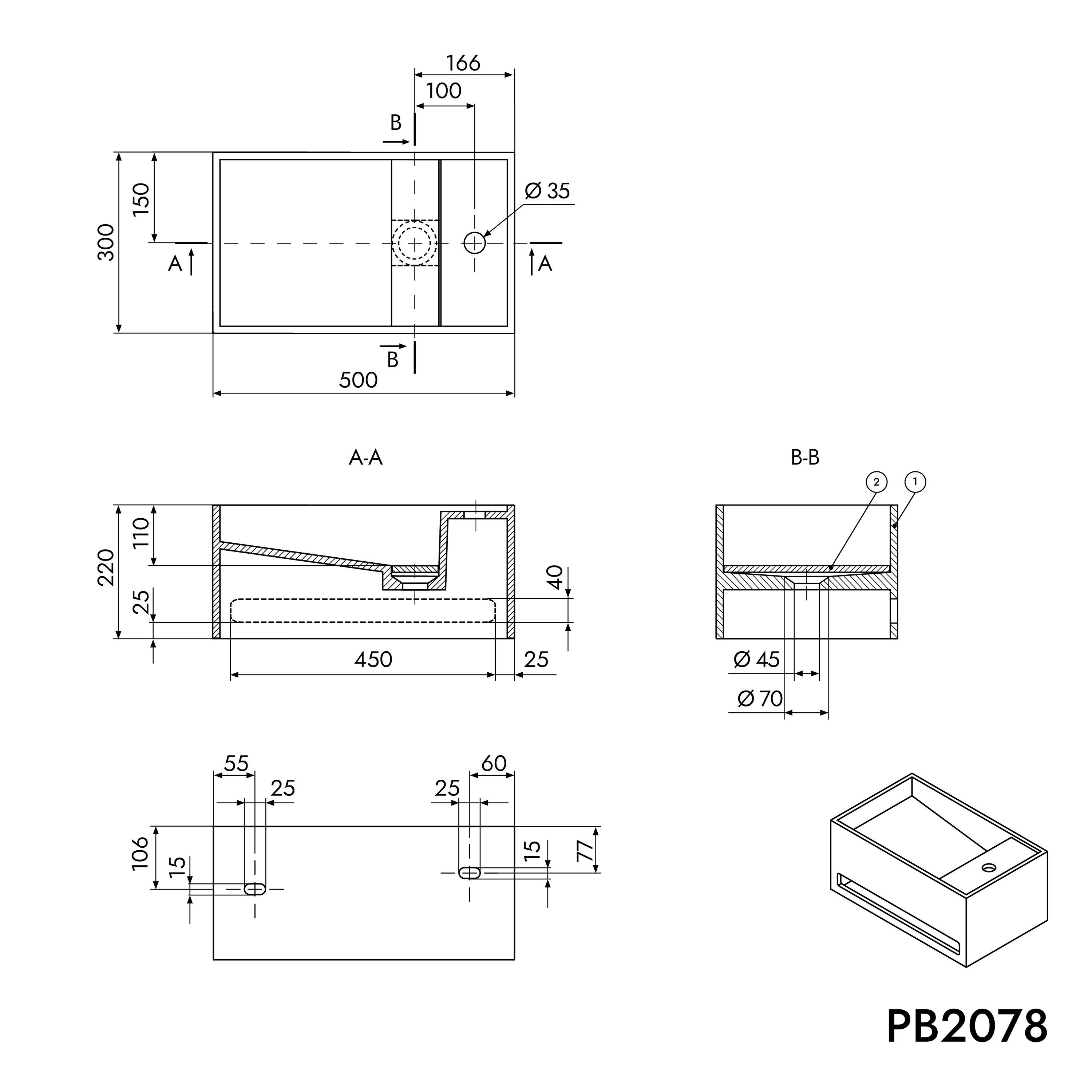Bernstein Waschtisch PB2078 Weiß matt 50cm, Wandwaschbecken 50cm Handtuchha günstig online kaufen
