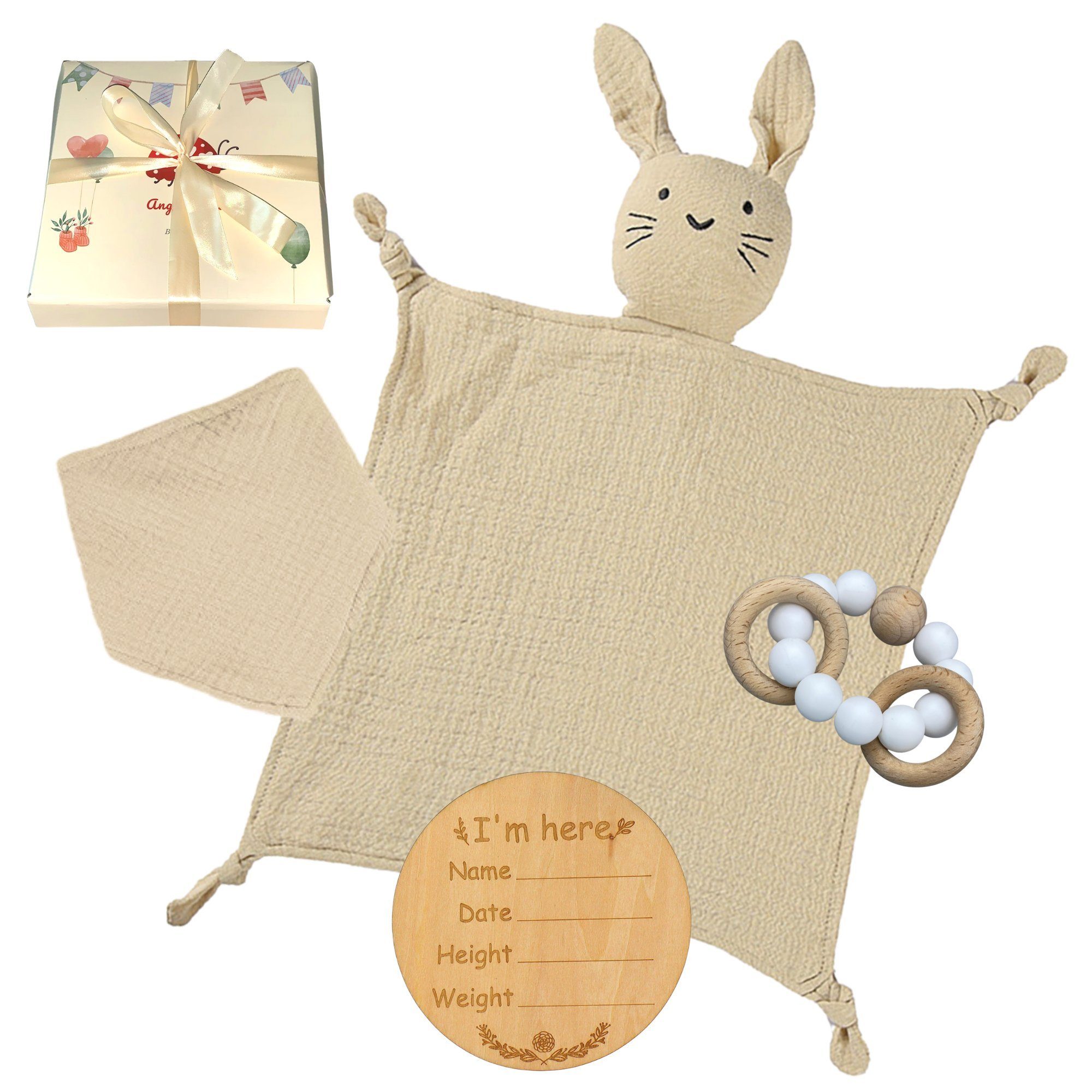 Angel's Baby Neugeborenen-Geschenkset Geschenk zur Geburt mit Schnuffeltuch, Beißring (Set, mit Geschenkverpackung + Grußkarte) 4 Teile + gratis Grußkarte, Geschenkbox Beige