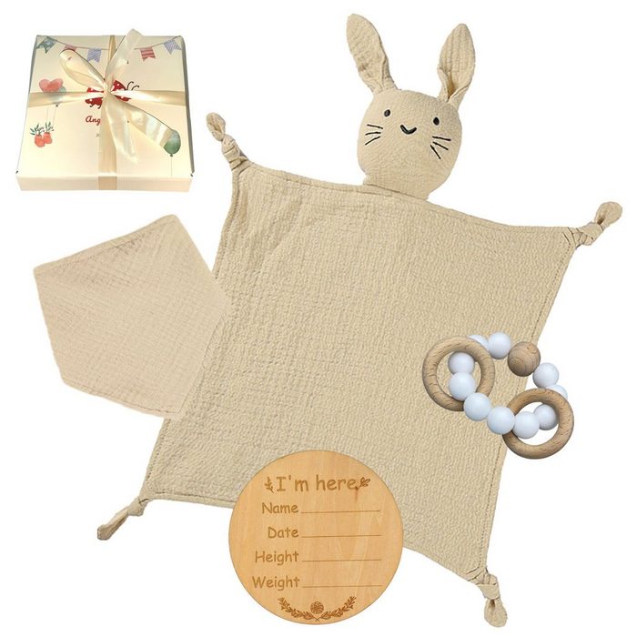 Angel's Baby Neugeborenen-Geschenkset Geschenk zur Geburt mit Schnuffeltuch Beißring (Set mit Geschenkverpackung + Grußkarte) 4 Teile + gratis Grußkarte Geschenkbox