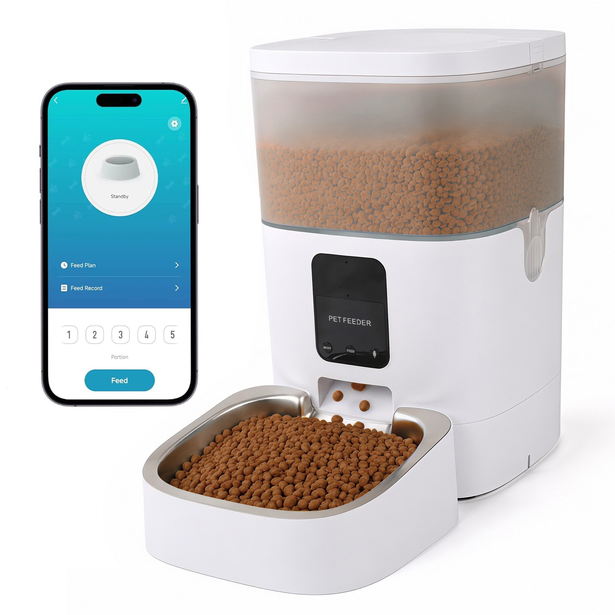 DAITORE Katzen-Futterautomat 4L Katzenfutter Automat mit APP, 2,4G WiFi Edelstahlnapf Weiß, 10s Sprachaufzeichnung/1-12 Mahlzeiten pro Tag/Anti-Verstopf