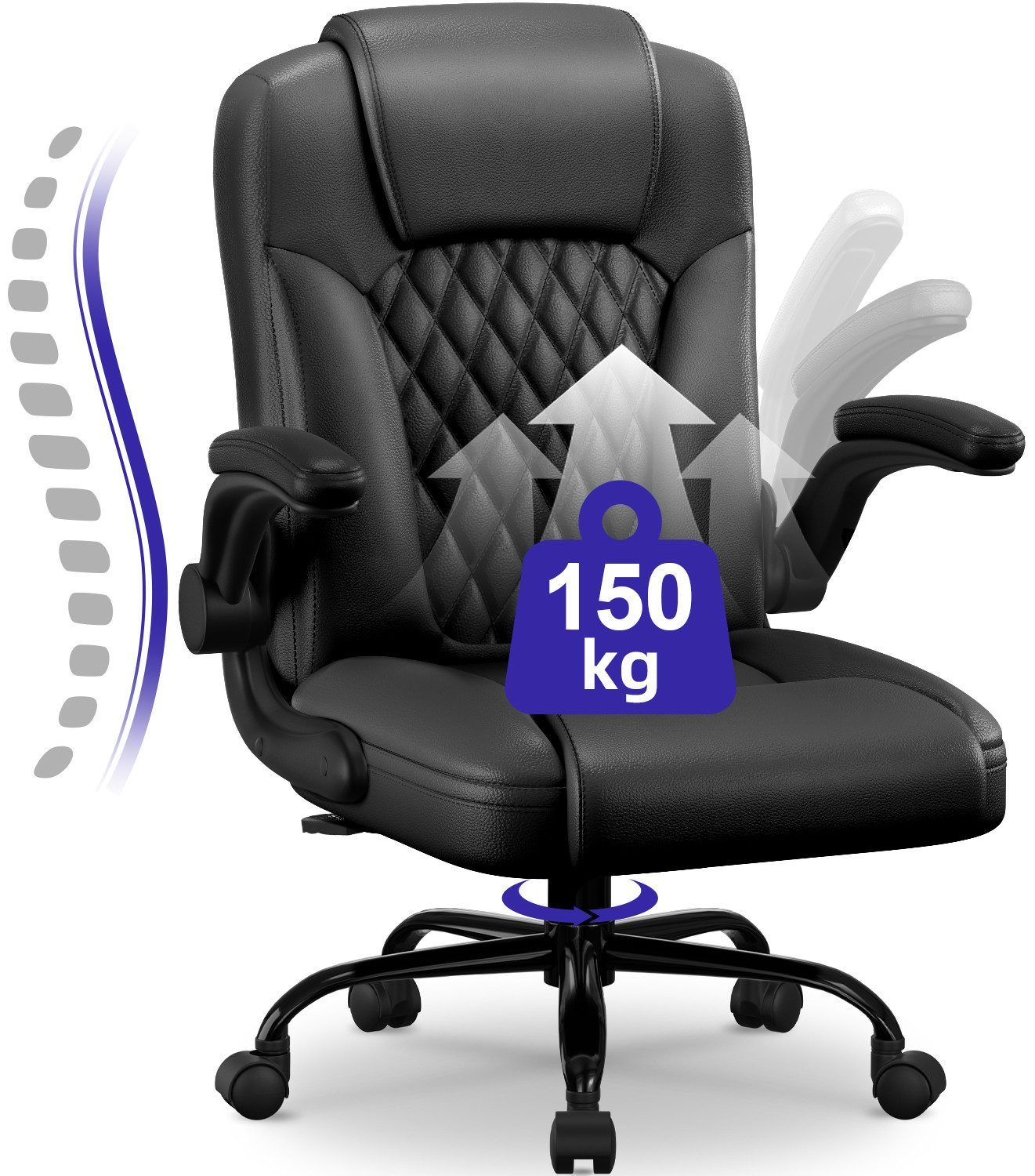 Fukstern Bürostuhl Ergonomischer Bürostuhl mit 90° klappbaren Armlehnen (Atmungsaktiver Mesh-Bezug, Rücken- und Taillenstütze, Neigung fixierbar bei 90° (maximal kippbar bis 120), bis 150 kg belastbar