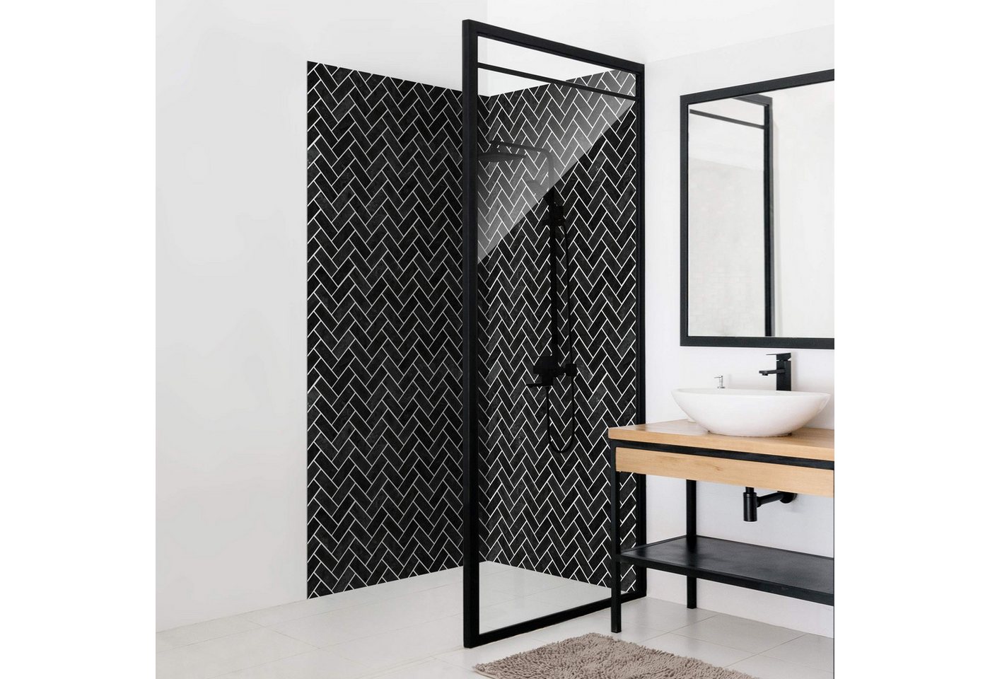 Thumbnail - Bilderdepot24 Duschrückwand Marmor Fliesenoptik schwarz Badrückwand ohne Bohren, (2-tlg., 0,61 mm starke Folie selbstkle...