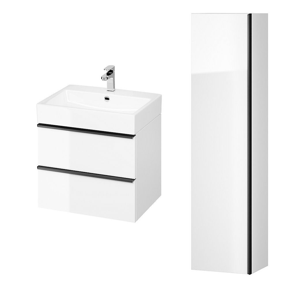 KOLMAN Badmöbel-Set VIRGO 60 Waschbecken-Unterschrank mit Hochschrank 160x40x30, (Schwarz Möbelgriffe, Weiß) | Badmöbel-Sets
