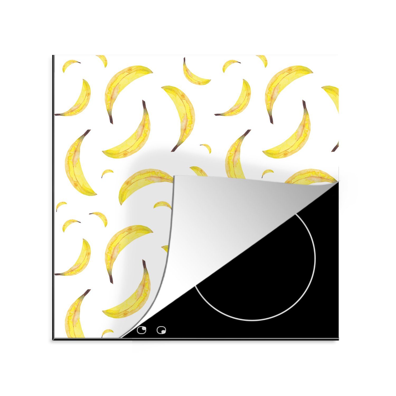 MuchoWow Herdblende-/Abdeckplatte Bananen - Weiß - Schablonen, Vinyl, (1 tlg), 78x78 cm, Ceranfeldabdeckung, Arbeitsplatte für küche