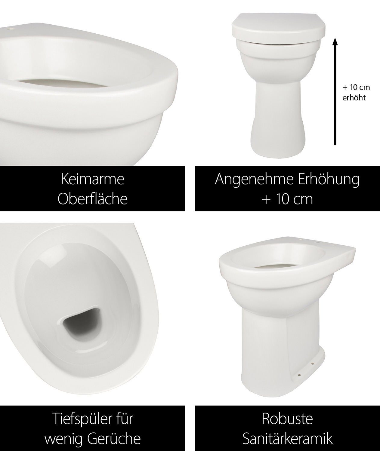 aquaSu Flachspül-WC, Bodenstehend, Abgang Senkrecht, Erhöhtes Stand-WC +10  cm, WC-Sitz mit Absenkautomatik, 026031