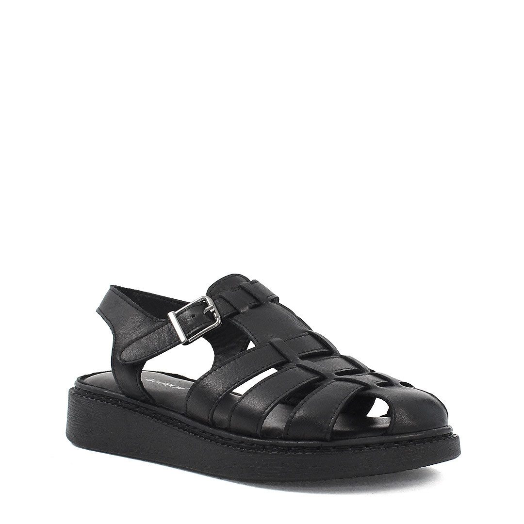 Celal Gültekin Plateau Knöchelriemen Geschlossen Römer-Stil Damen Römersandale Glattleder, Echtleder-Futter & Decksohle, Schwarz, 40