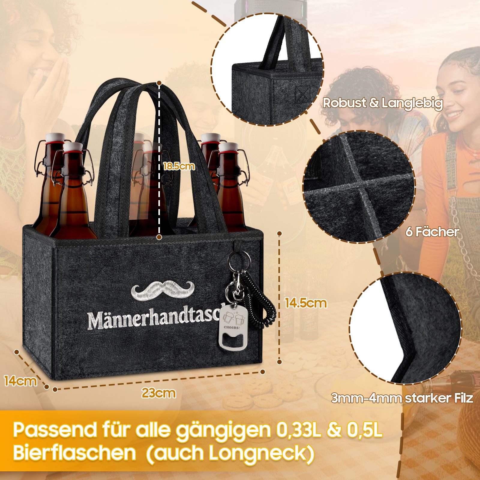 Fintie Flaschenkorb Flaschentasche mit 6 Fächern und Flaschenöffner für 0,33L/0,5L Flasche, Männerhandtasche Bier Filz Lustig Geschenk für Papa, Männer Geburtstag