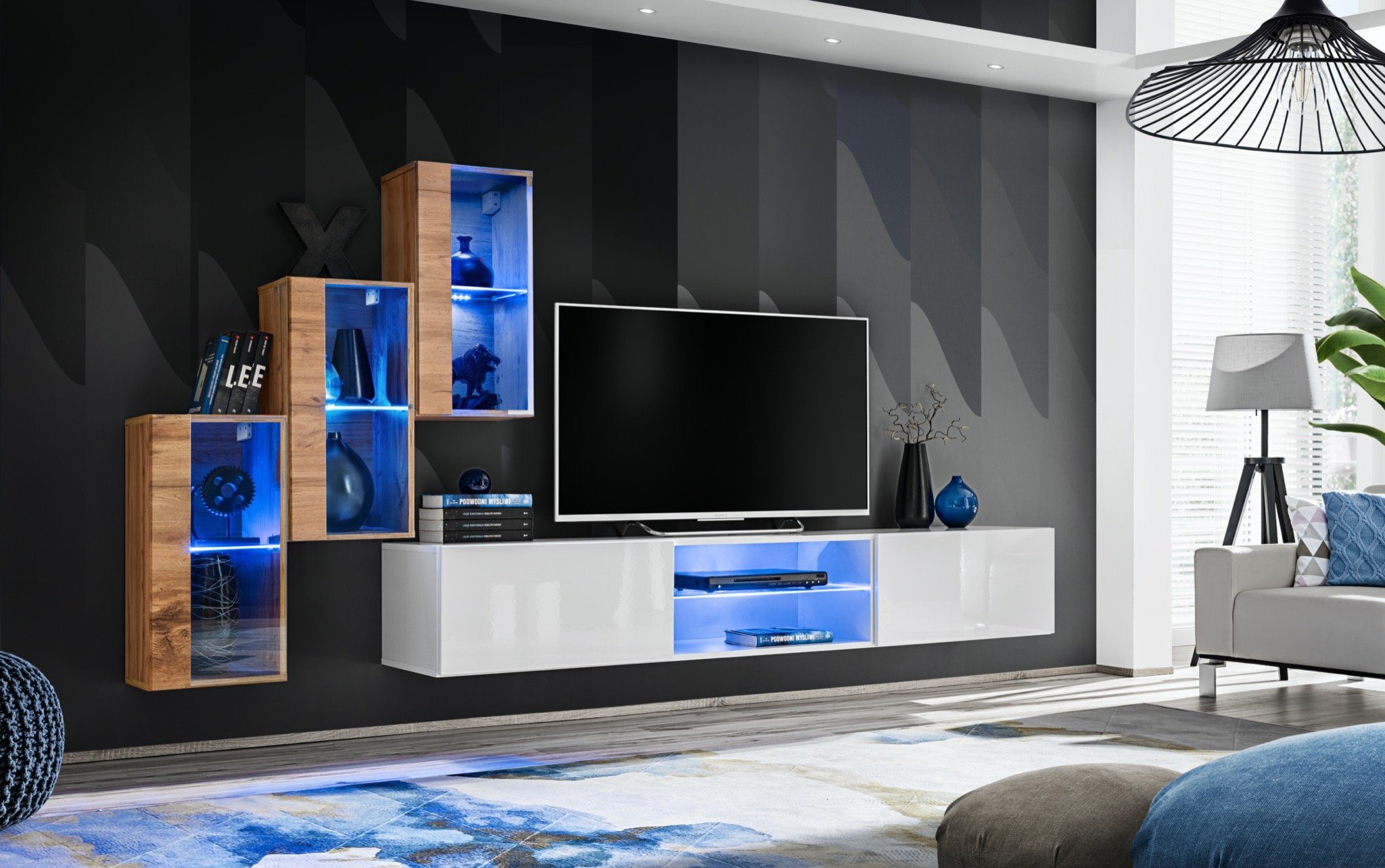 JVmoebel Wohnwand Luxus Wohnwand TV + Hänge Vitrine (4-St., 3x Ständer Hänge Einrichtung, + beleuchtet TV 3x Vitrine), Ständer LED