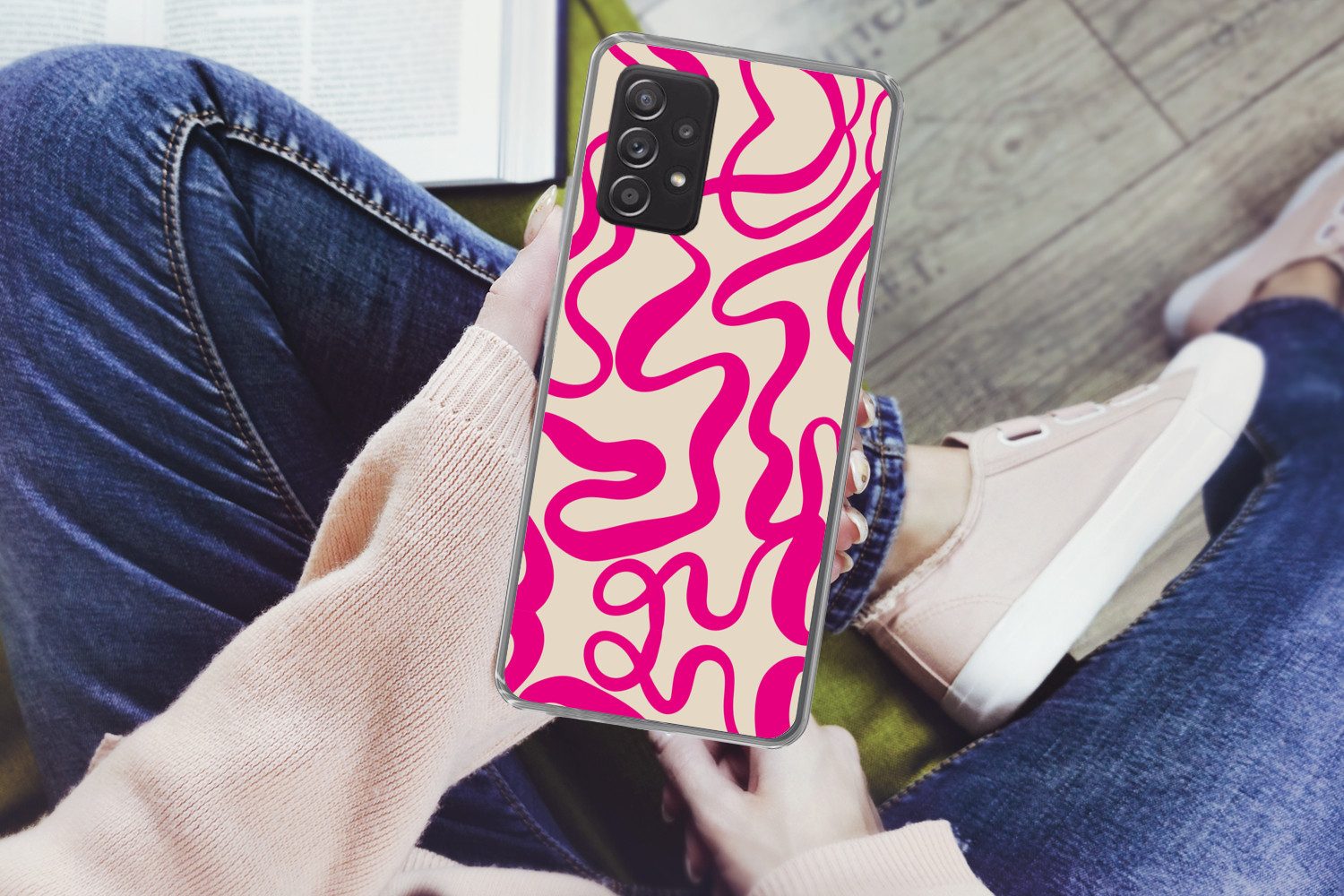 MuchoWow Handyhülle für Samsung Galaxy A53 5G Linien - Rosa - Beige - Abstrakt - Minimalis, Phone Case, Silikon, Schutzhülle Dünn