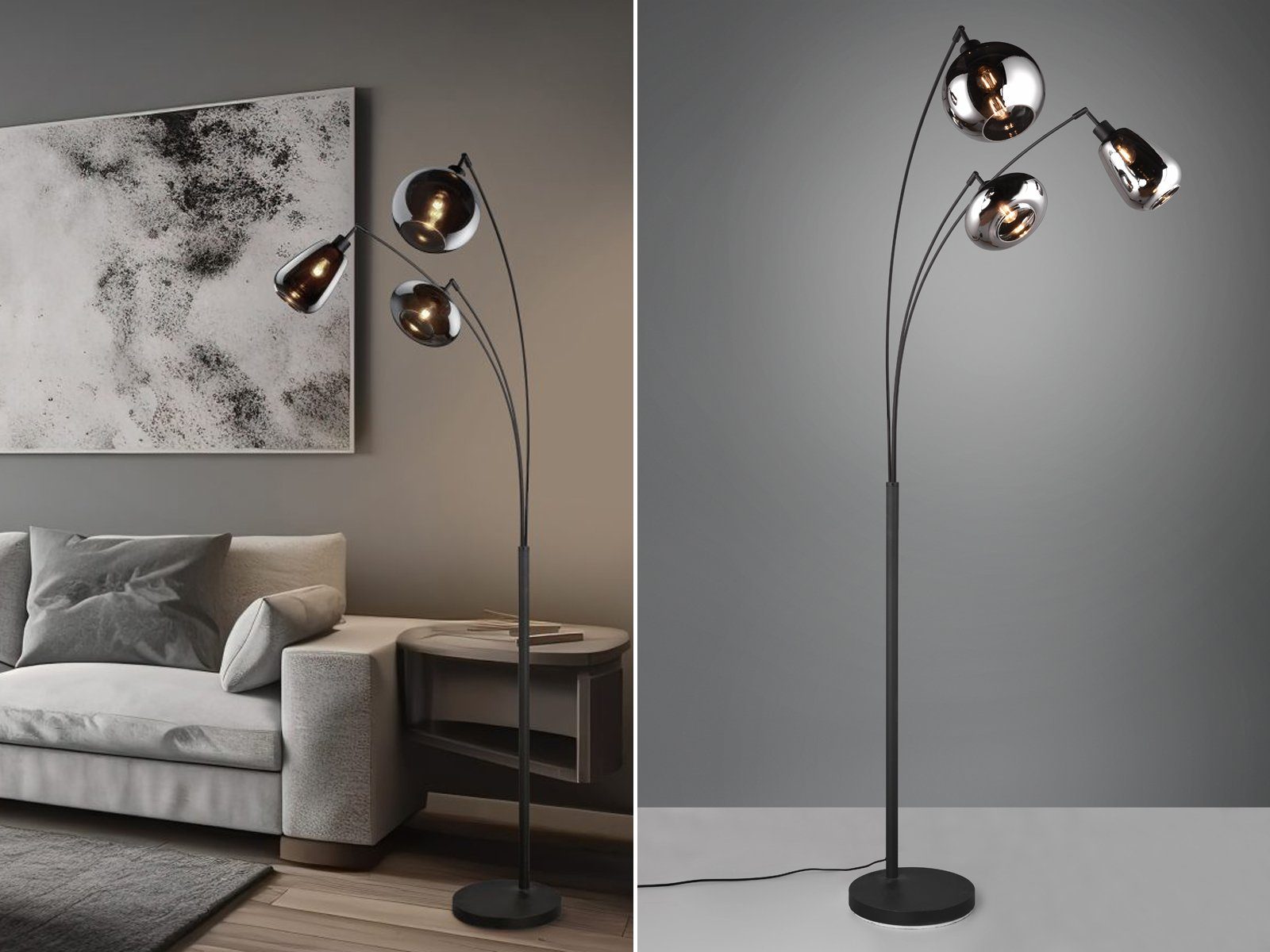 meineWunschleuchte LED Stehlampe, Dimmfunktion, LED wechselbar, Warmweiß,  große Designer Leselampe dimmbar, schwarz, Kugel Rauchglas Höhe 200cm