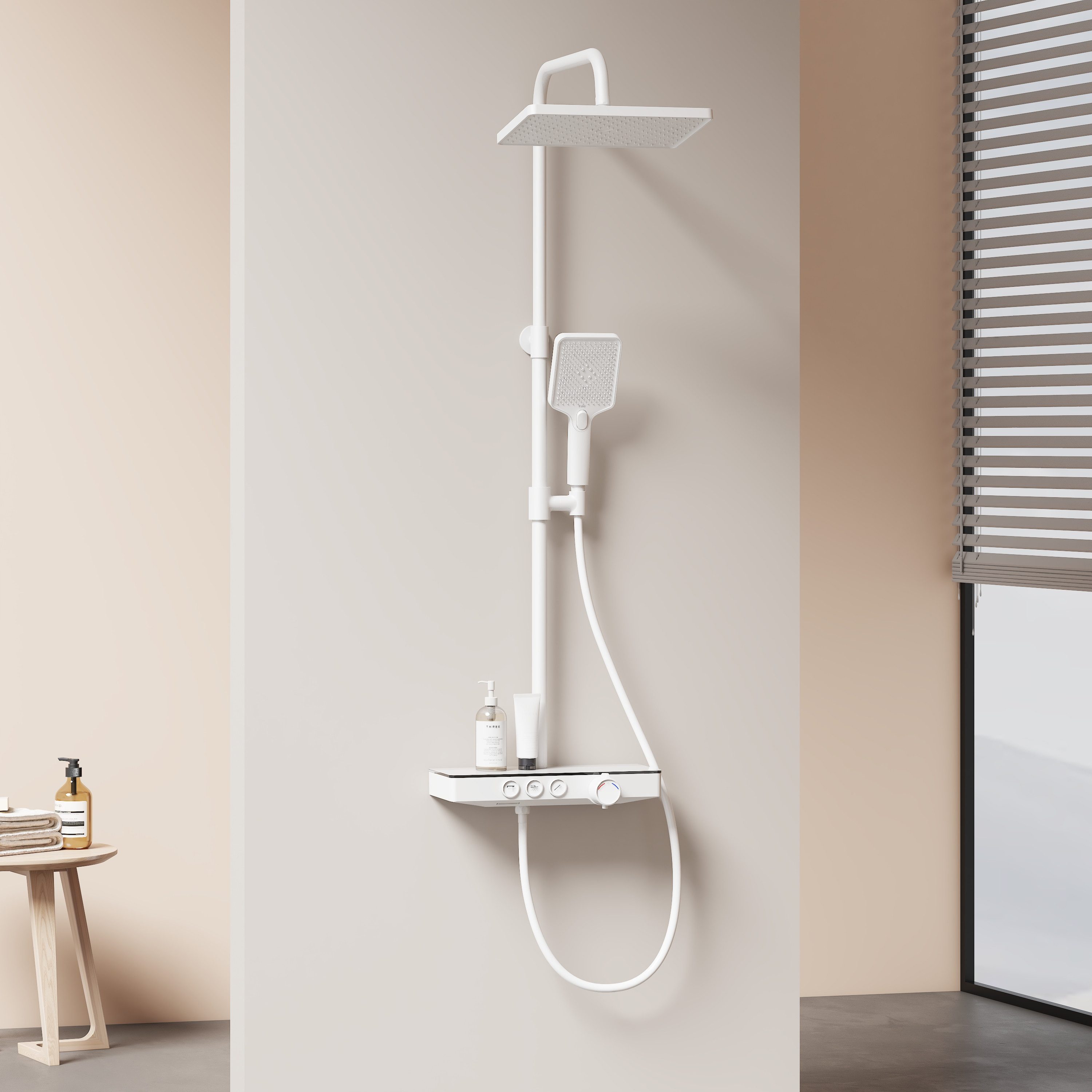EMKE Duschsystem mit Thermostat Regendusche und Ablage Brausegarnitur Schwarz, 3 Strahlart(en), Höhe 118cm, große Kopfbrause, Thermostat-Set mit 45cm Ablage