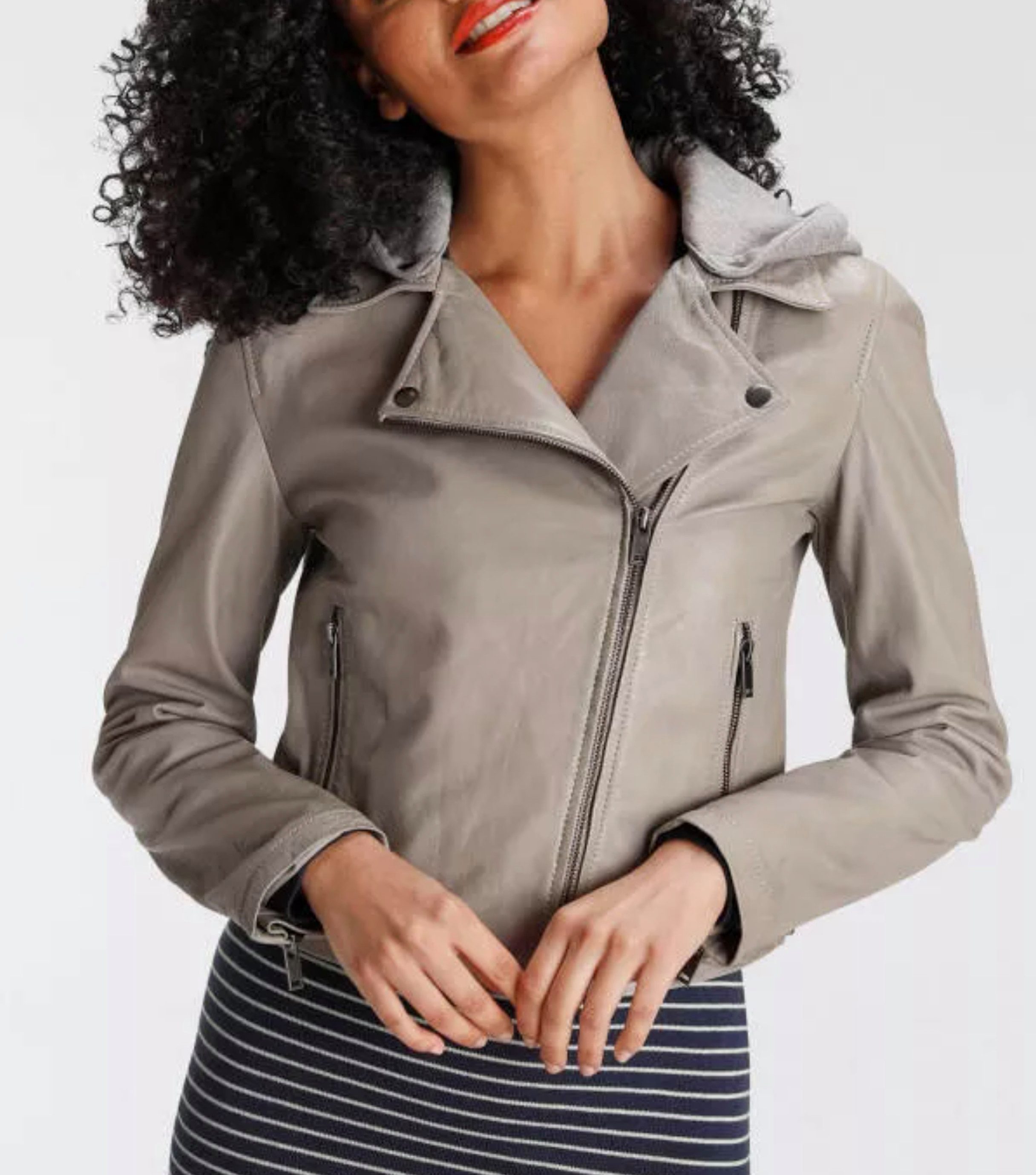 Keskin Collection Lederjacke Biker jacke in Kurzform abnehmbare Kapuze Lamm günstig online kaufen