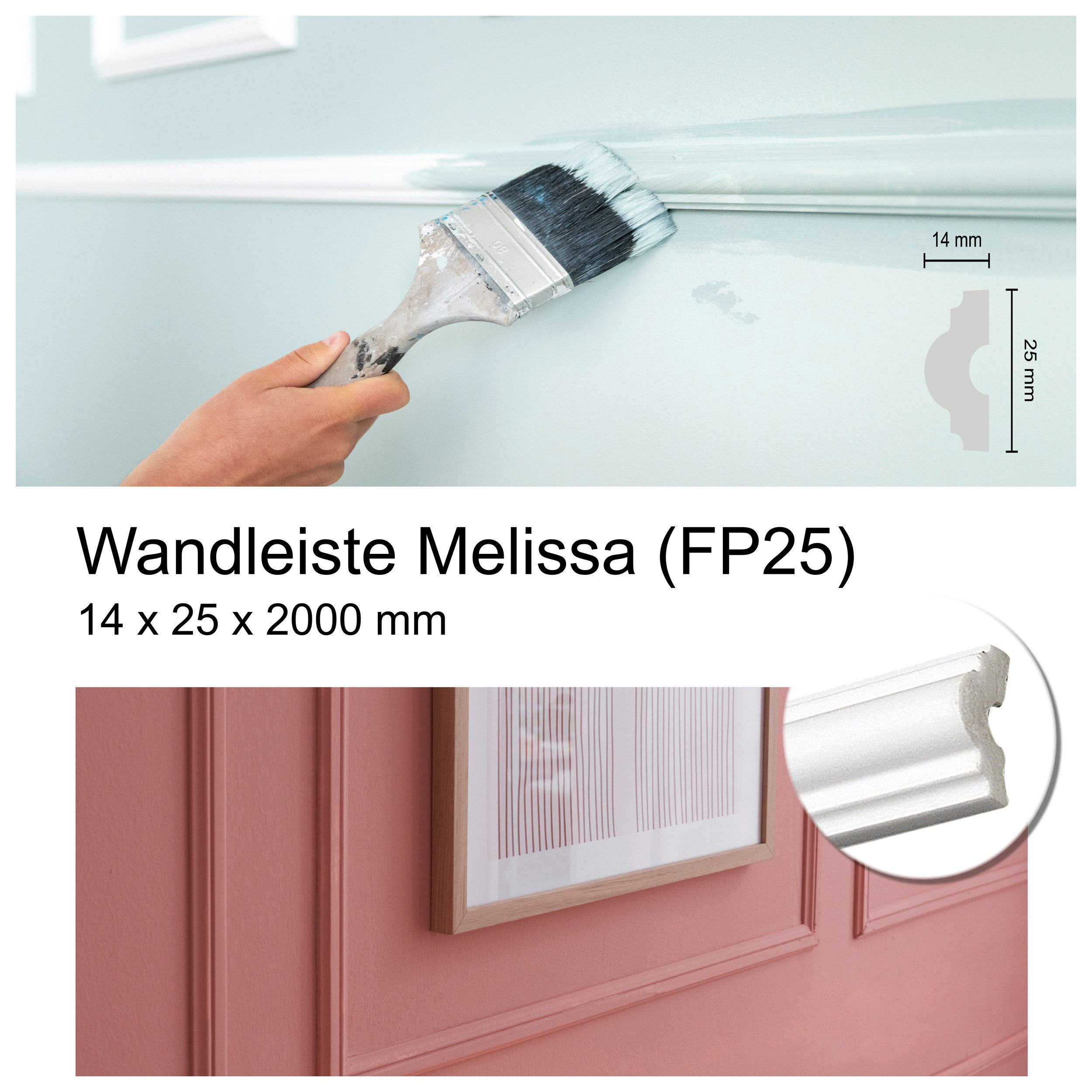 Decosa Zierleiste Decosa Wandleiste Melissa (FP25), 14 x 25 x 2000 mm, Kleben, Polystyrol (Styropor), 1-St., Stoß- und schlagfest
