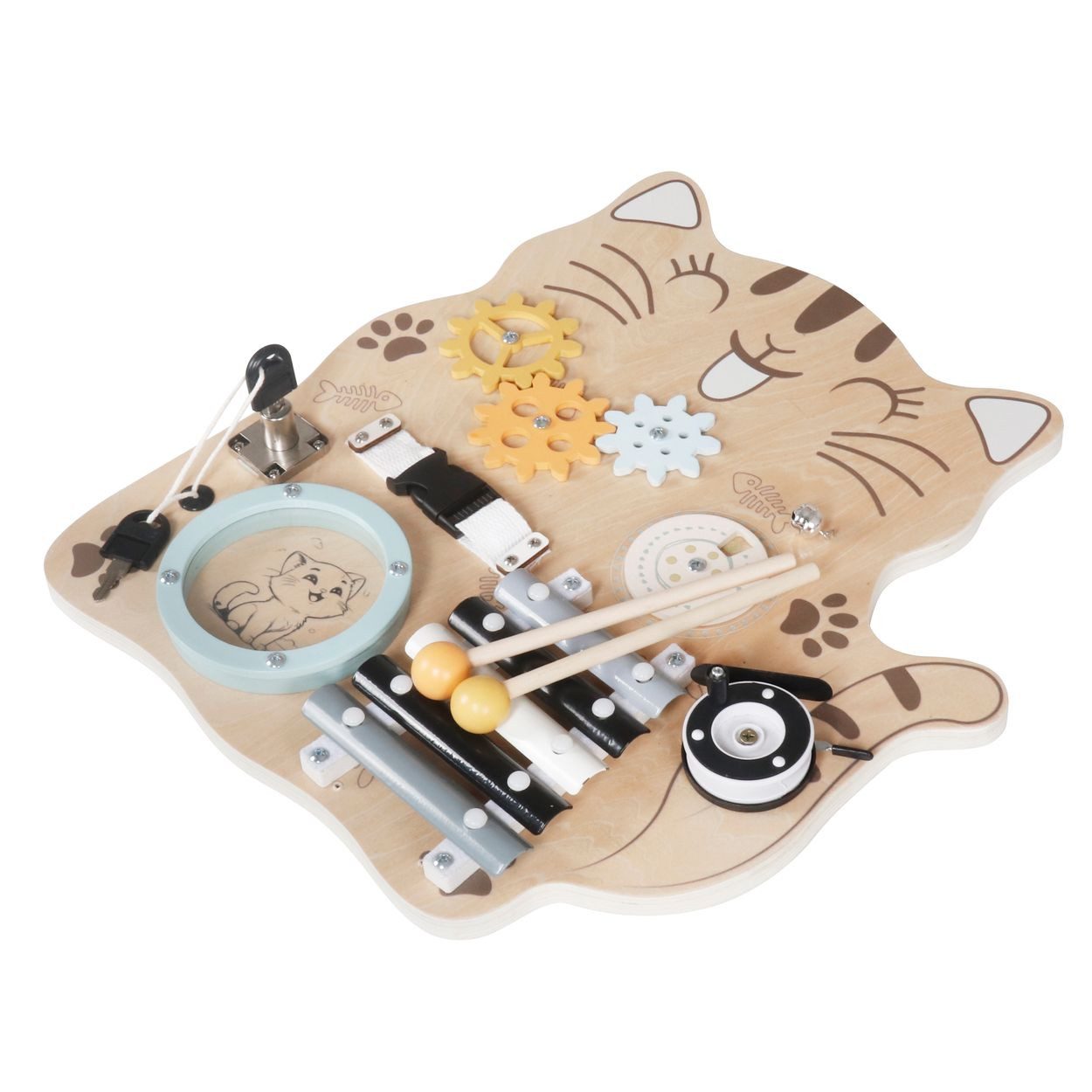 Moni Lernspielzeug Lernboard Katze W12D558 Holz, Holz, Xylofon, Zahnräder, Schlösser, Verschlüsse