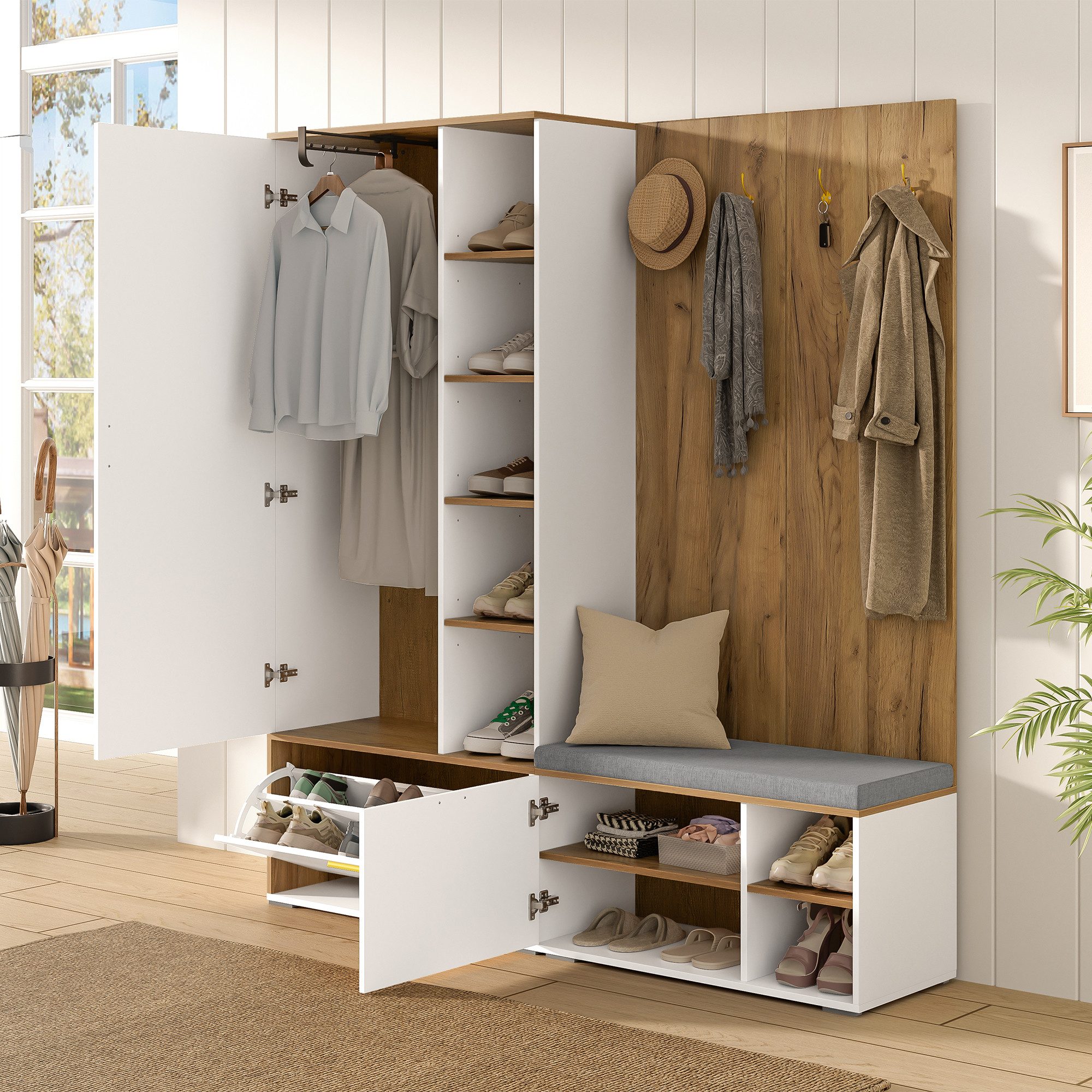 BlingBin Garderoben-Set Kompaktgarderobe Wandgarderobe Flurschrank Garderobenständer, (mit Schuhschrank, ausziehbarer Kleiderstange, 1-St., 4 Kleiderhaken,Spiegel und Schuhbank), 160Lx38Bx180H cm, für Flur, Schlafzimmer, Holzfarbe+Weiß