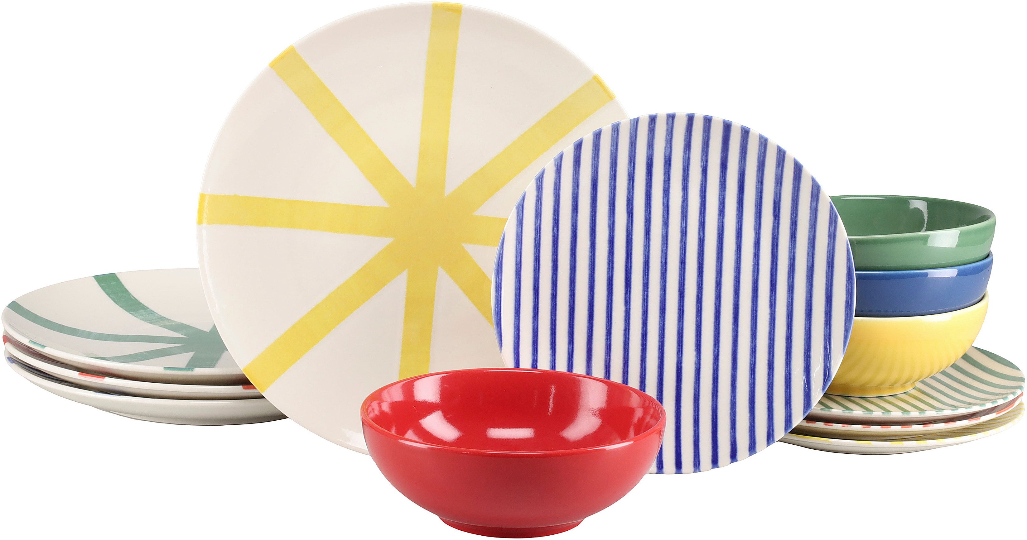 CreaTable Teller-Set Mio Viva Bunt, Tellerset 12-tlg. (12-tlg), 4 Personen, Steinzeug, Handgemalte Optik, keramische Motive kombiniert mit Farbglasuren