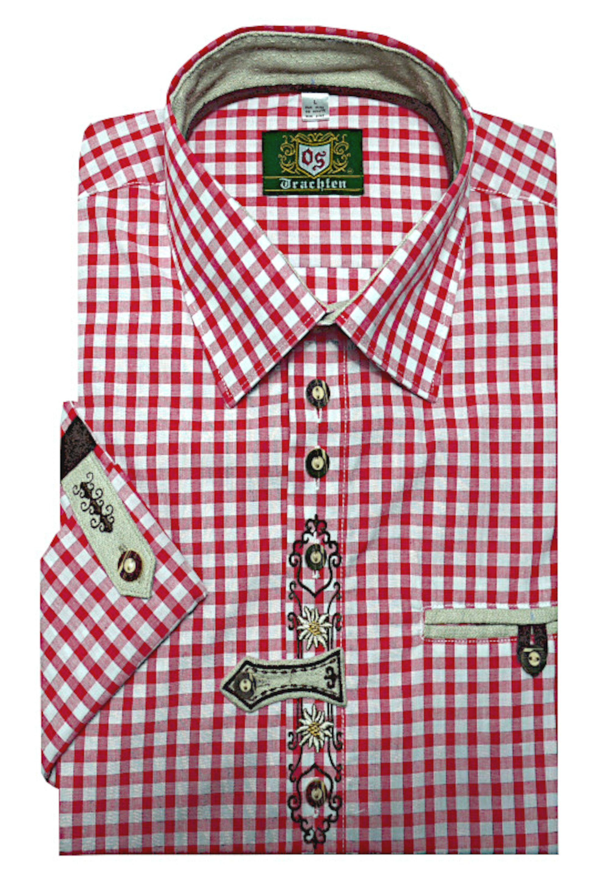 OS-Trachten Trachtenhemd Regular Krempelarm Stickerei gerader Kentkragen, Fit-bequemer Schnitt TH-0251 rot