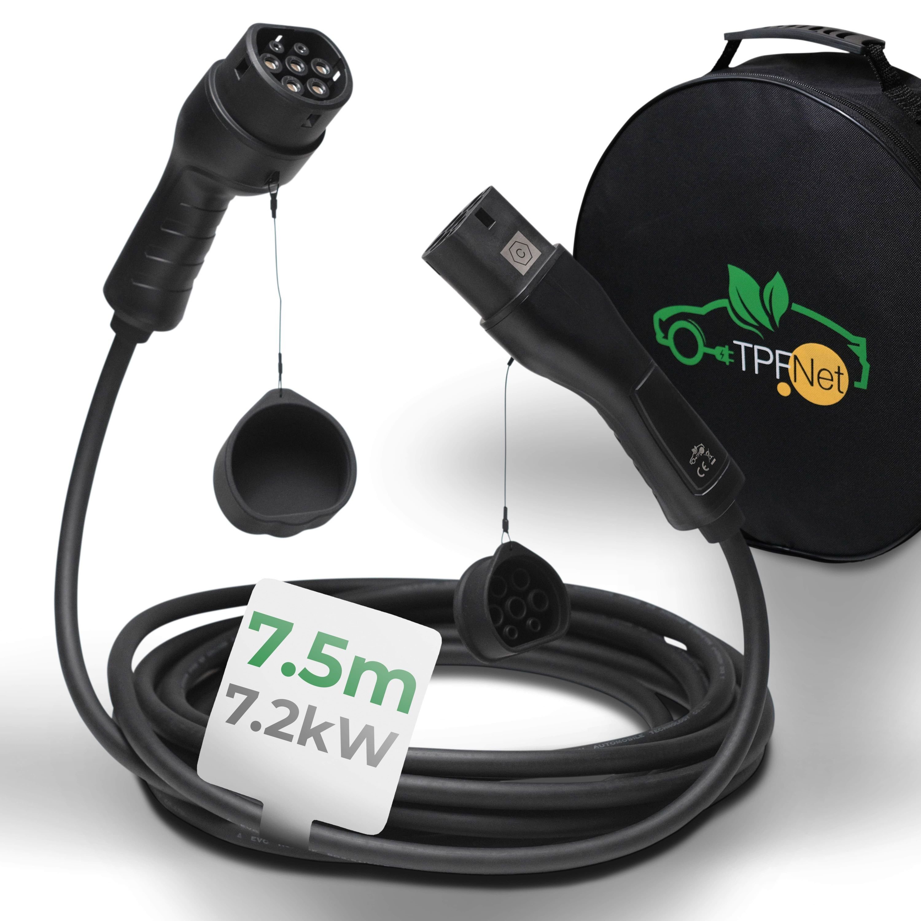 TPFNet Typ 2 E-Auto 7.2kW Ladekabel 32A Autoladekabel, Typ 2-Stecker, Typ 2 (750 cm), Elektroauto Ladekabel Typ 2, IP65 geschützt, 1-Phasig, 7,5m