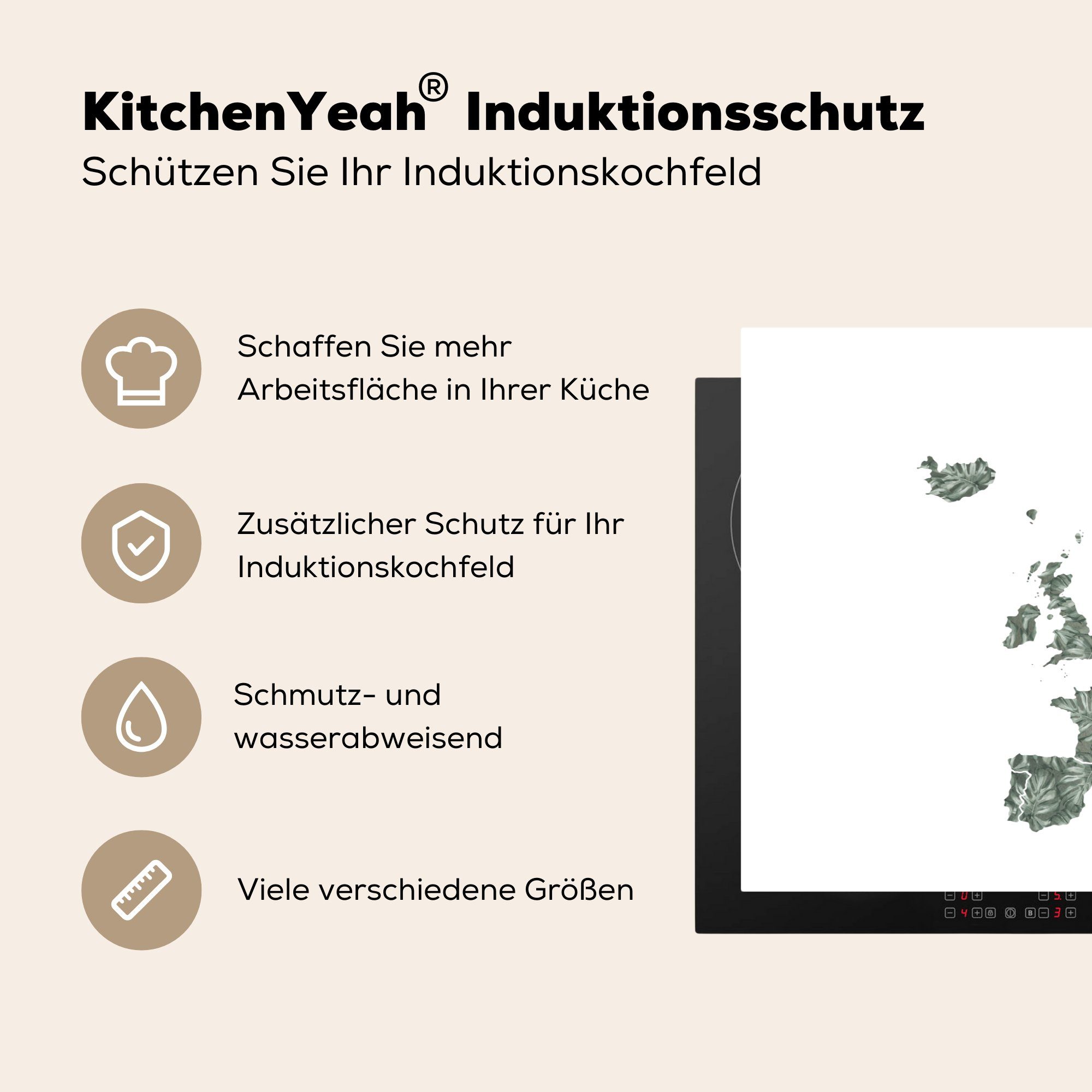 (1 Palmblatt, tlg), Europa 81x52 Induktionskochfeld cm, die - Schutz Vinyl, für Karte - MuchoWow küche, Ceranfeldabdeckung Herdblende-/Abdeckplatte