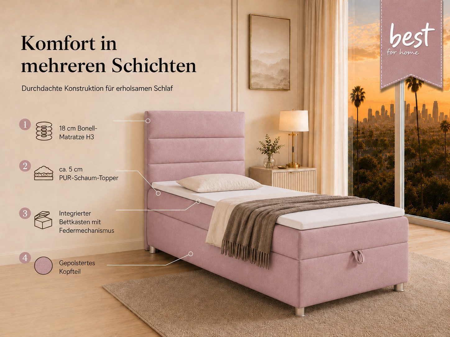 Best for Home Boxspringbett Trinity K-4 Single 5cm Topper Bonell Bettkasten (Einzelbett, Polsterbett mit gepolstertes Kopfteil, Jugendbett, Kinderbett versch. Größen, 1-St., 70x200 80x200 90x200 100x200 cm), Stauraum; ergonomischer Schlafkomfort; modernes Design