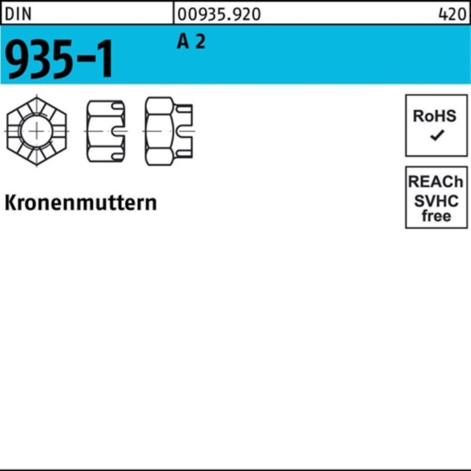 Reyher Kronenmutter 100er Pack Kronenmutter DIN 935-1 M20 A 2 1 Stück DIN 935-1 A 2 Krone | Muttern