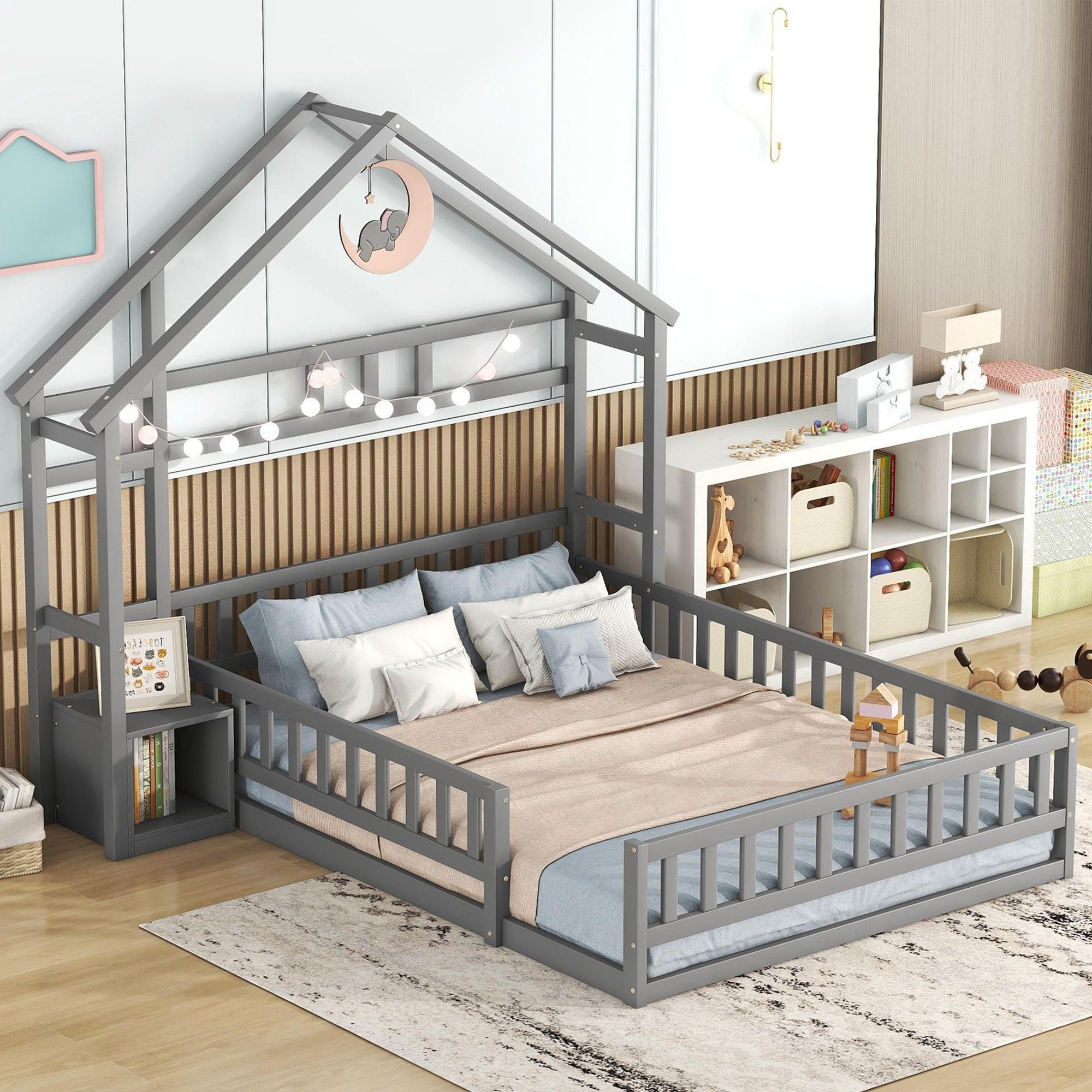 Merax Holzbett, mit Nachttisch und Rausfallschutz, Kinderbett 140x200 cm, Hausbett Grau