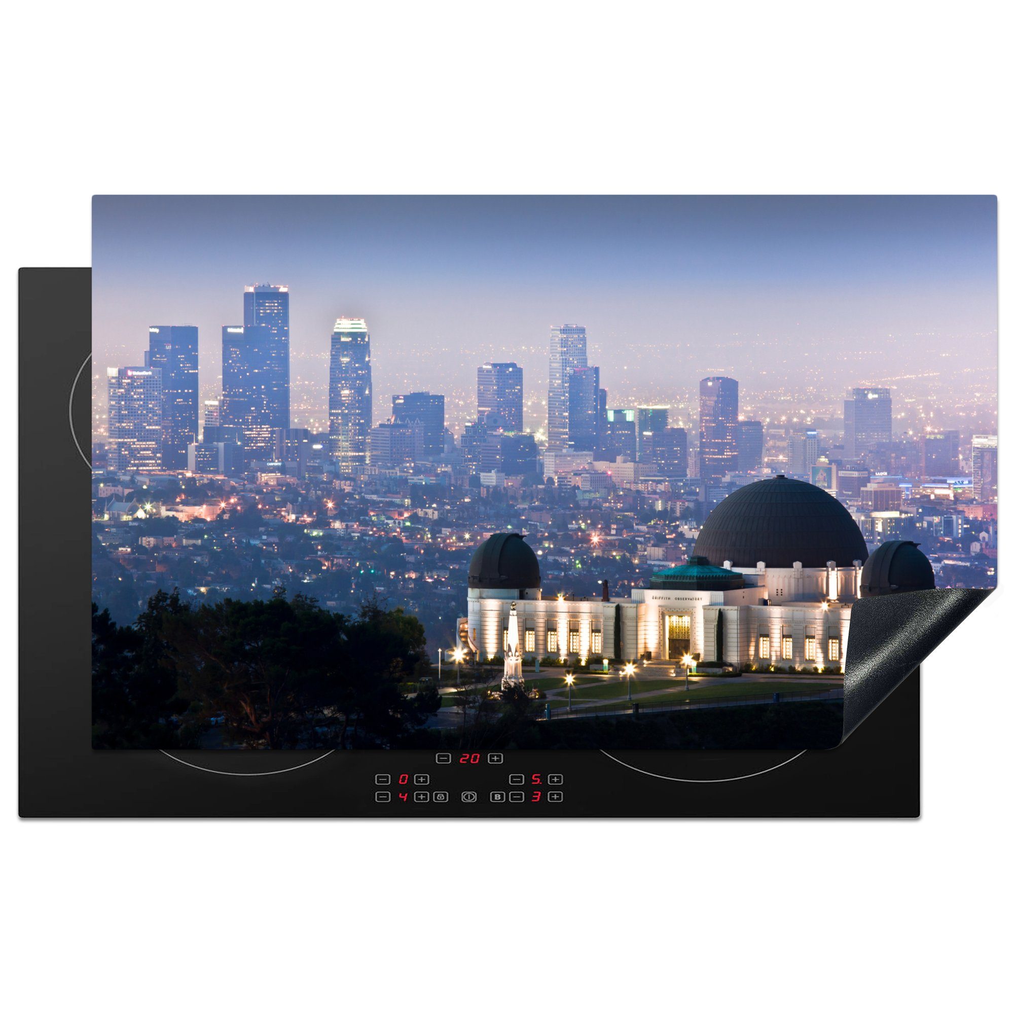 MuchoWow Herdblende-/Abdeckplatte Griffith Observatory mit der Innenstadt von Los Angeles in Amerika, Vinyl, (1 tlg), 83x51 cm, Ceranfeldabdeckung, Arbeitsplatte für küche