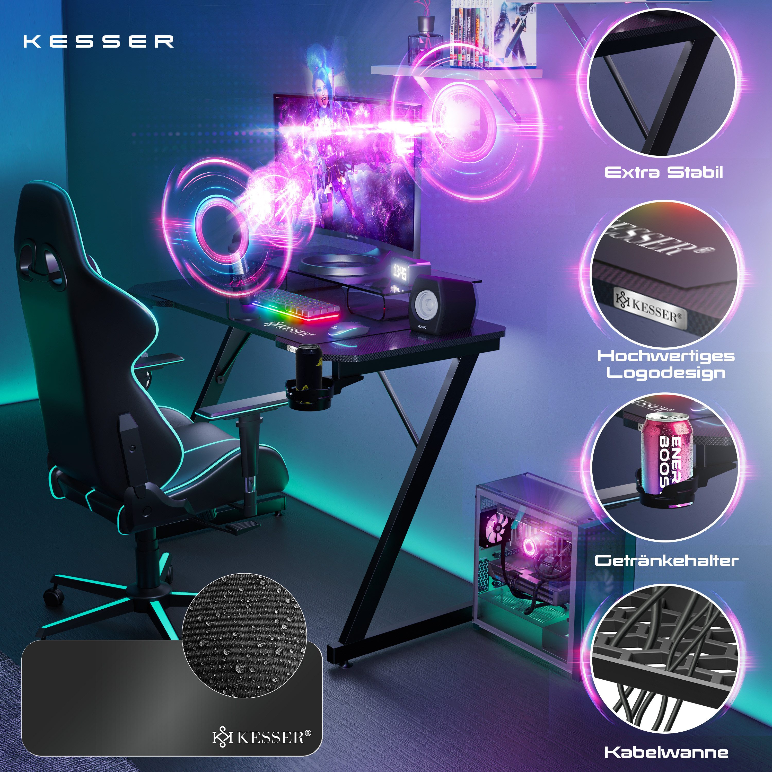 KESSER Gamingtisch, Gaming Schreibtisch mit Getränkehalter Ergonomischer Gamer Tisch