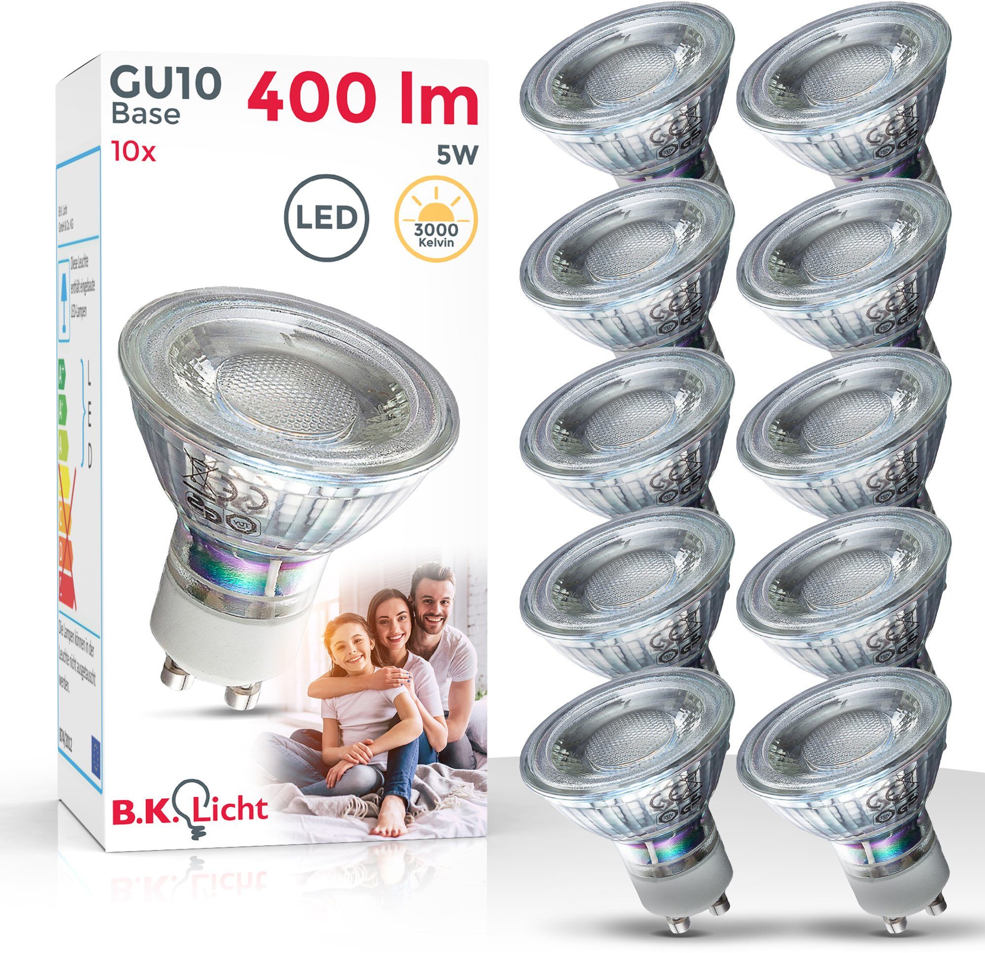 10 B.K.Licht St., GU10, LED Glüh-Birne 400 warmweiss Lampe 3000K 5W LED-Leuchtmittel, Warmweiß, Reflektor-Form Lumen