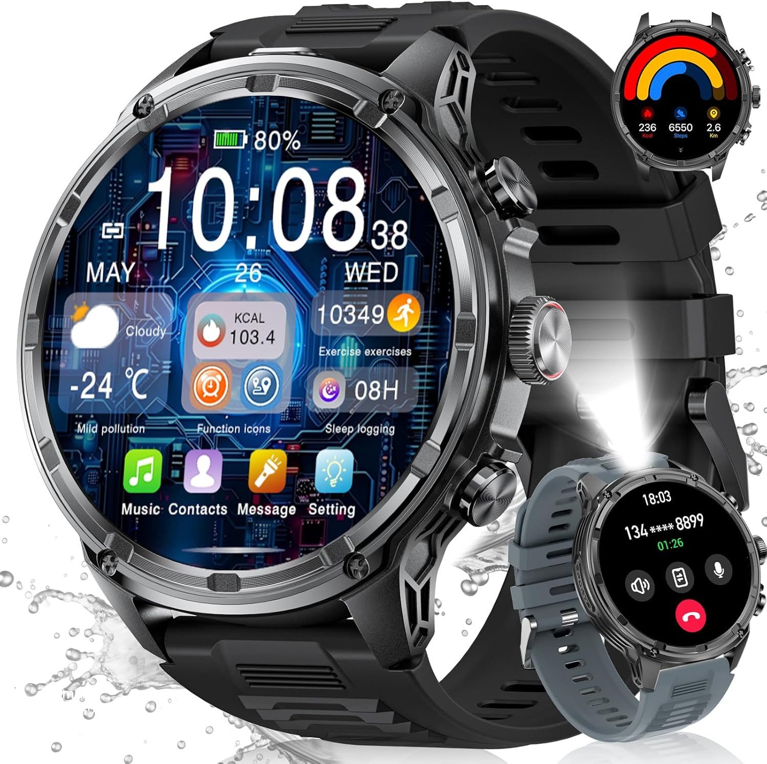 Lige FV13 Smartwatch (4,7 cm, android ios), Smartwatch mit LED-Licht, 1,85 Zoll Display und 710 mAh Akku