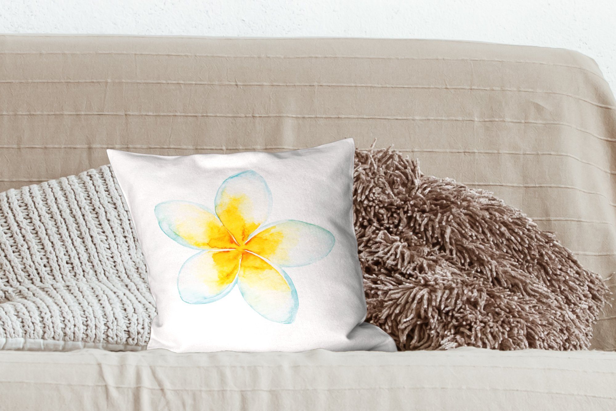 MuchoWow Füllung Schlafzimmer, mit Dekokissen für Aquarellfarbe Blume - Tropisch, Zierkissen Deko, Sofakissen Wohzimmer, -