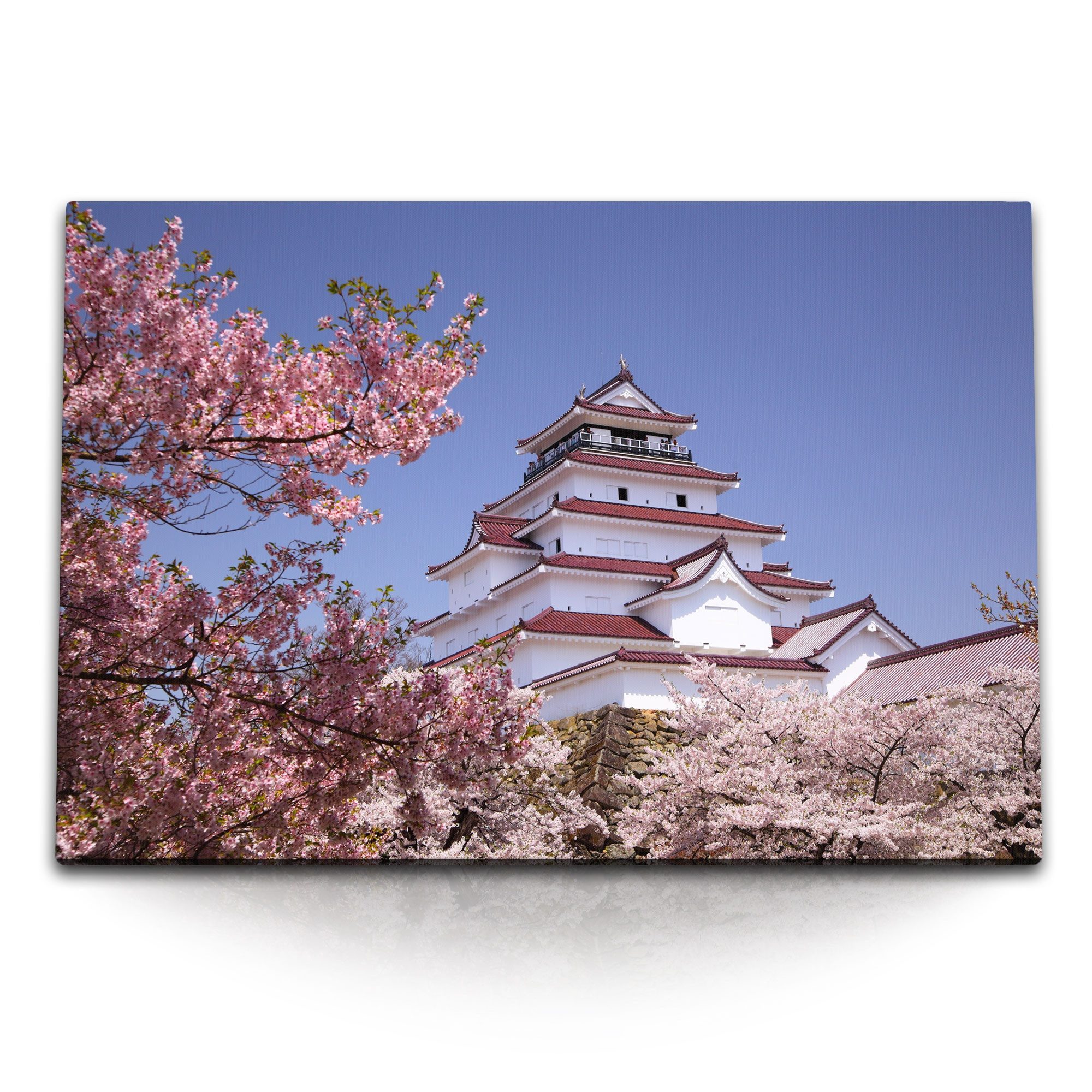 Sinus Art Leinwandbild 120x80cm Wandbild auf Leinwand Japanischer Tempel Japan Kirschblüten K, (1 St)
