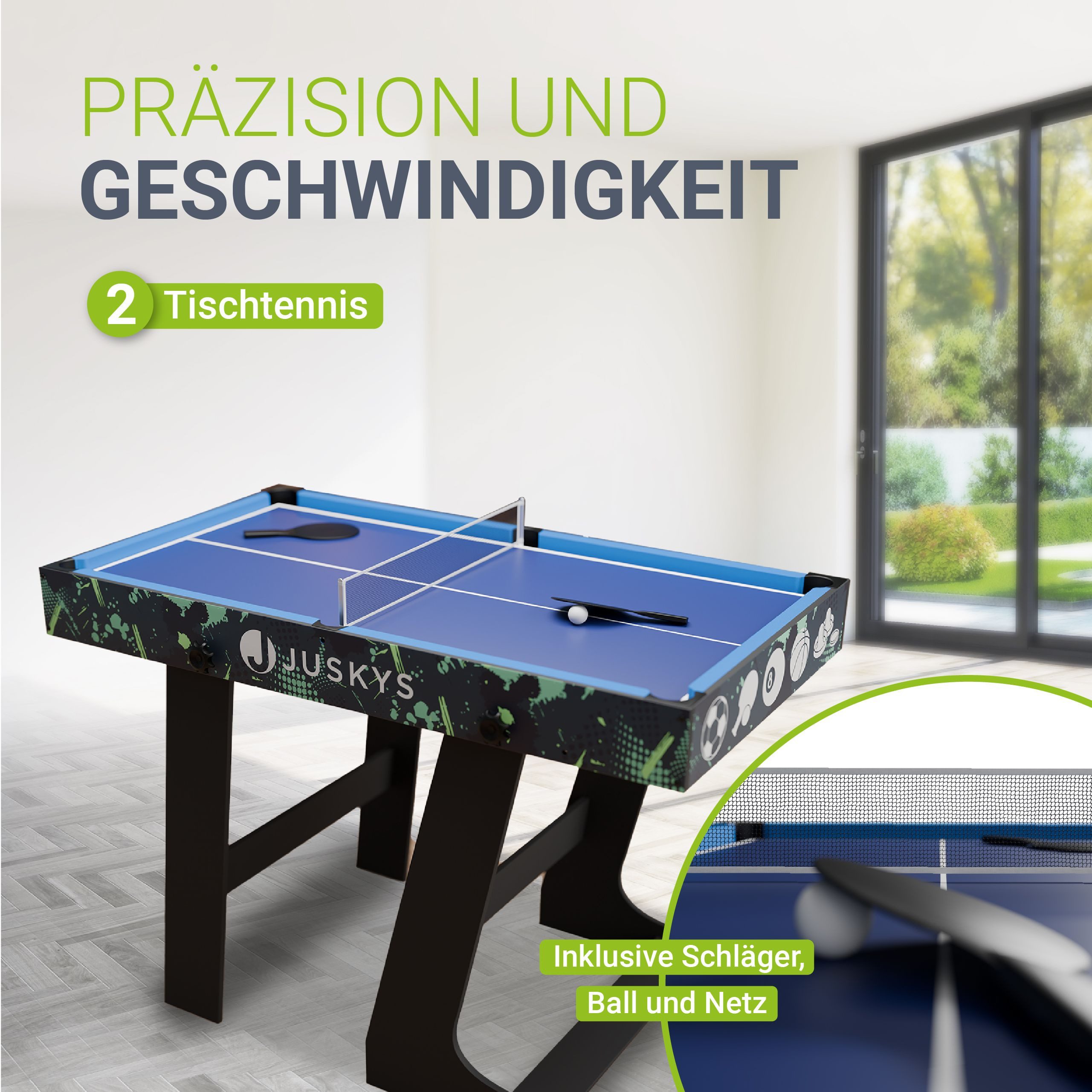Juskys Spieltisch Ballzauber, klappbar mit Tischtennis, Kicker, Billard, Hockey & Basketball