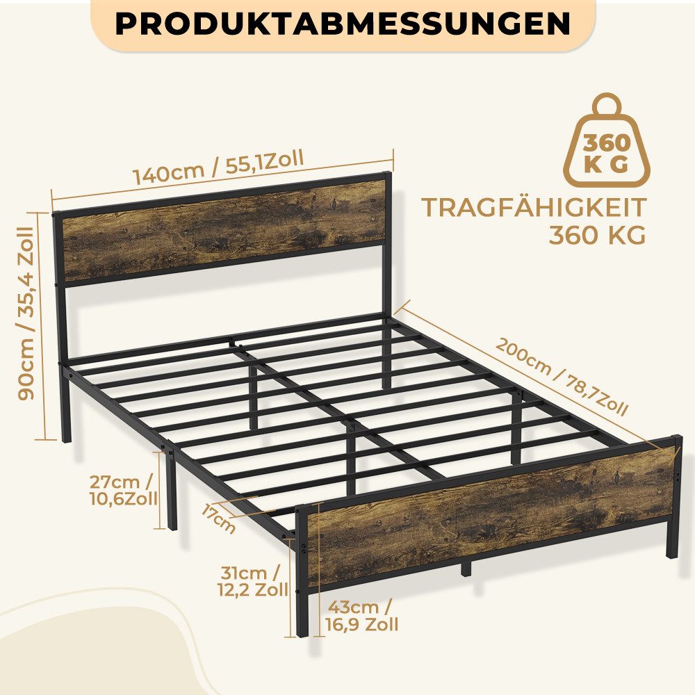 PFCTART Metallbett Bettgestell 140x200 Vintage, Stahl & MDF, Holzoptik für Betten (Set, 1-tlg., Industriedesign, wasser- & kratzfest, betten, bettrahmen & lattenroste), 360 kg Tragkraft, 90 cm Kopfteil, 27 cm Bodenfreiheit, schwarz