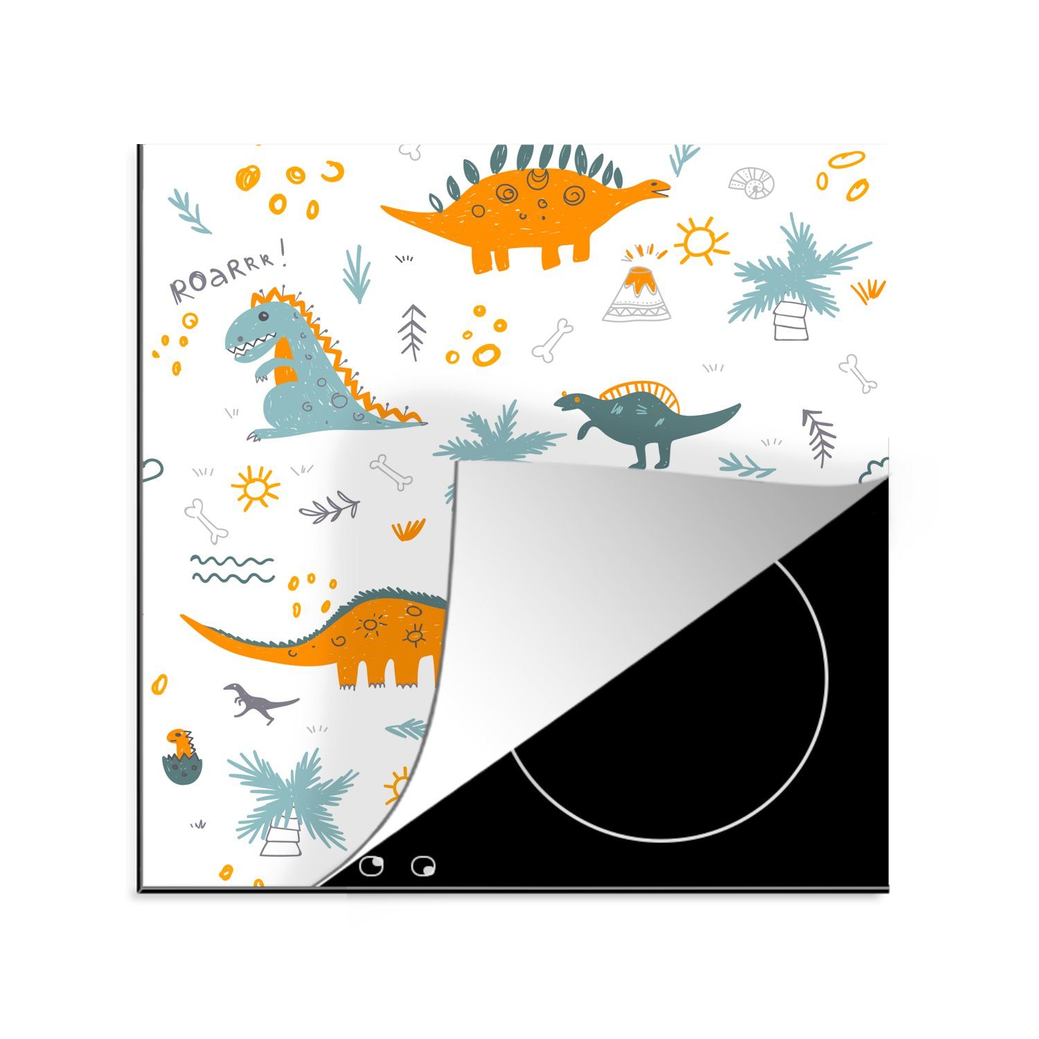 MuchoWow Herdblende-/Abdeckplatte Dinosaurier - Orange - Kinderzimmer, Vinyl, (1 tlg), 78x78 cm, Ceranfeldabdeckung, Arbeitsplatte für küche