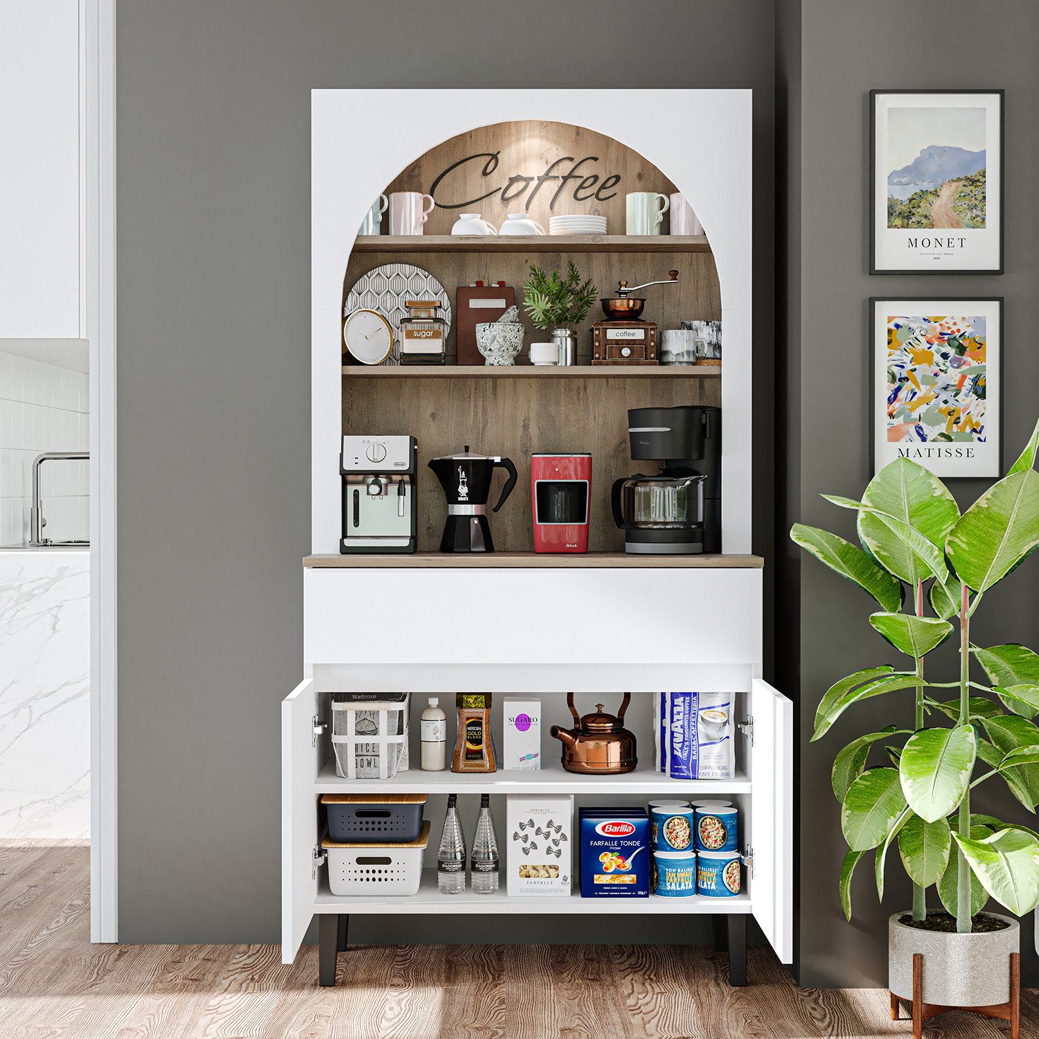 Roomart Küchenregal VENEDIK Küchenschrank 90 cm, Buffet, Schublade in 4 Farben, mit Beleuchtung, offene Nische, Schublade, Einlegeböden in 4 Farben – Bild 2 von 5