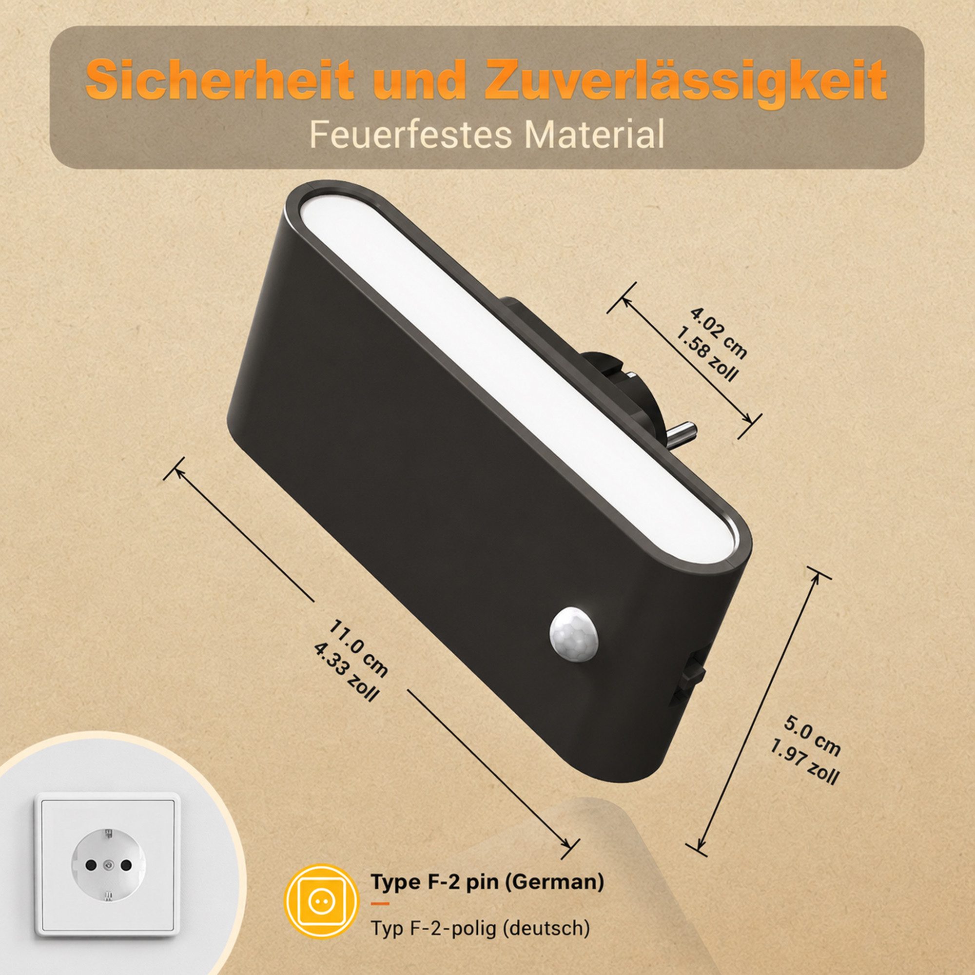 LOHAS-LED Nachtlicht Horizontaler Steckdosen-Nachtlicht 2er-Set mit Bewegungsmelder, LED fest integriert, Warmweiß, 0–100% dimmbar, 3 Modi, Typ F Schuko Stecker für Flur & Schlafzimmer